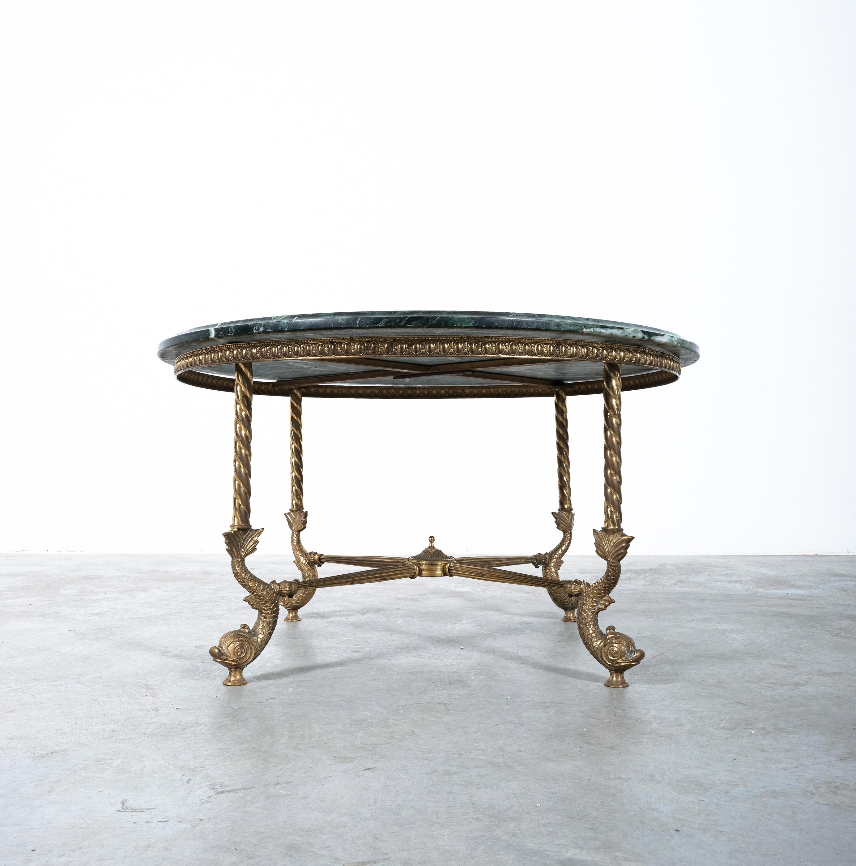 French Side Table with Green Marble Tops Brass, France, circa 1940