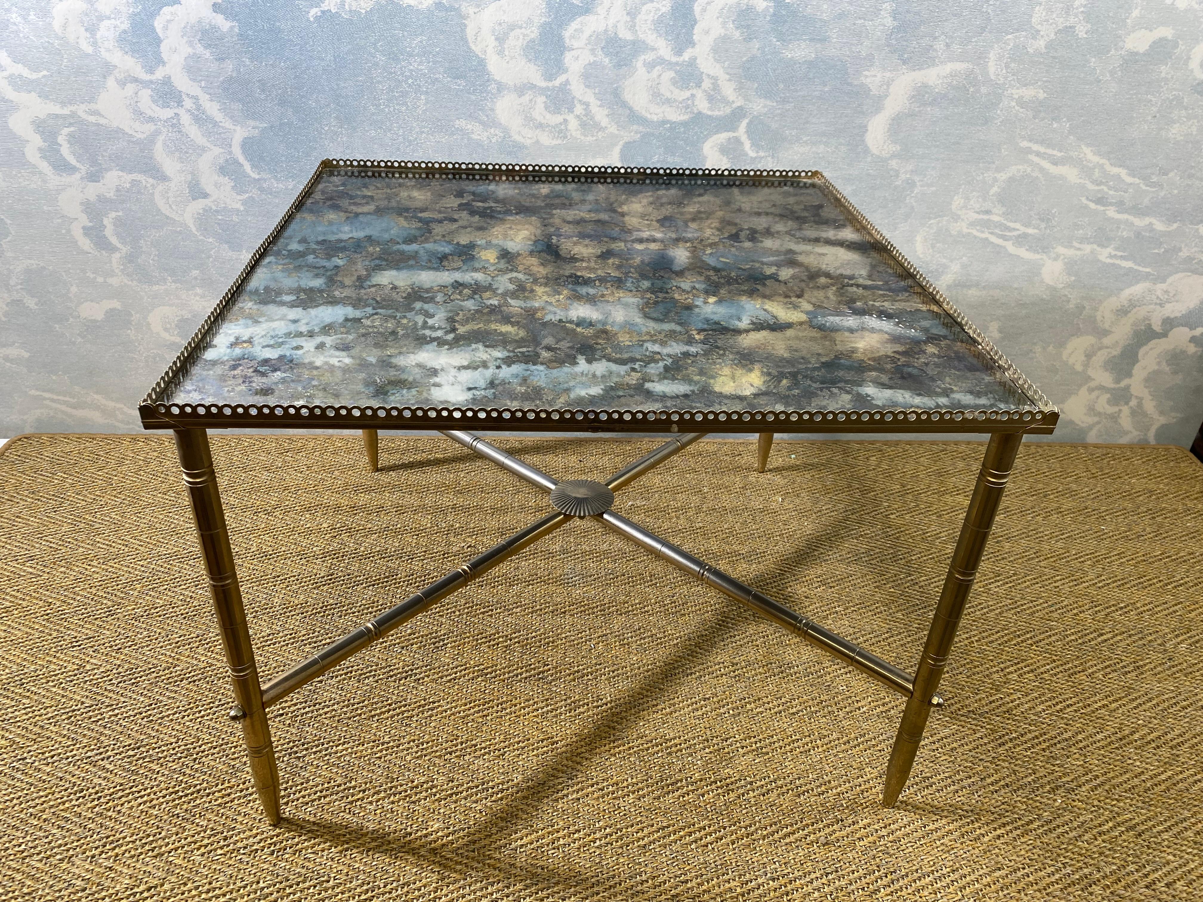 Mid-Century Modern Side Table With Mirrored Oxidized Metal Top on a Brass Frame, France, 1960s For Sale