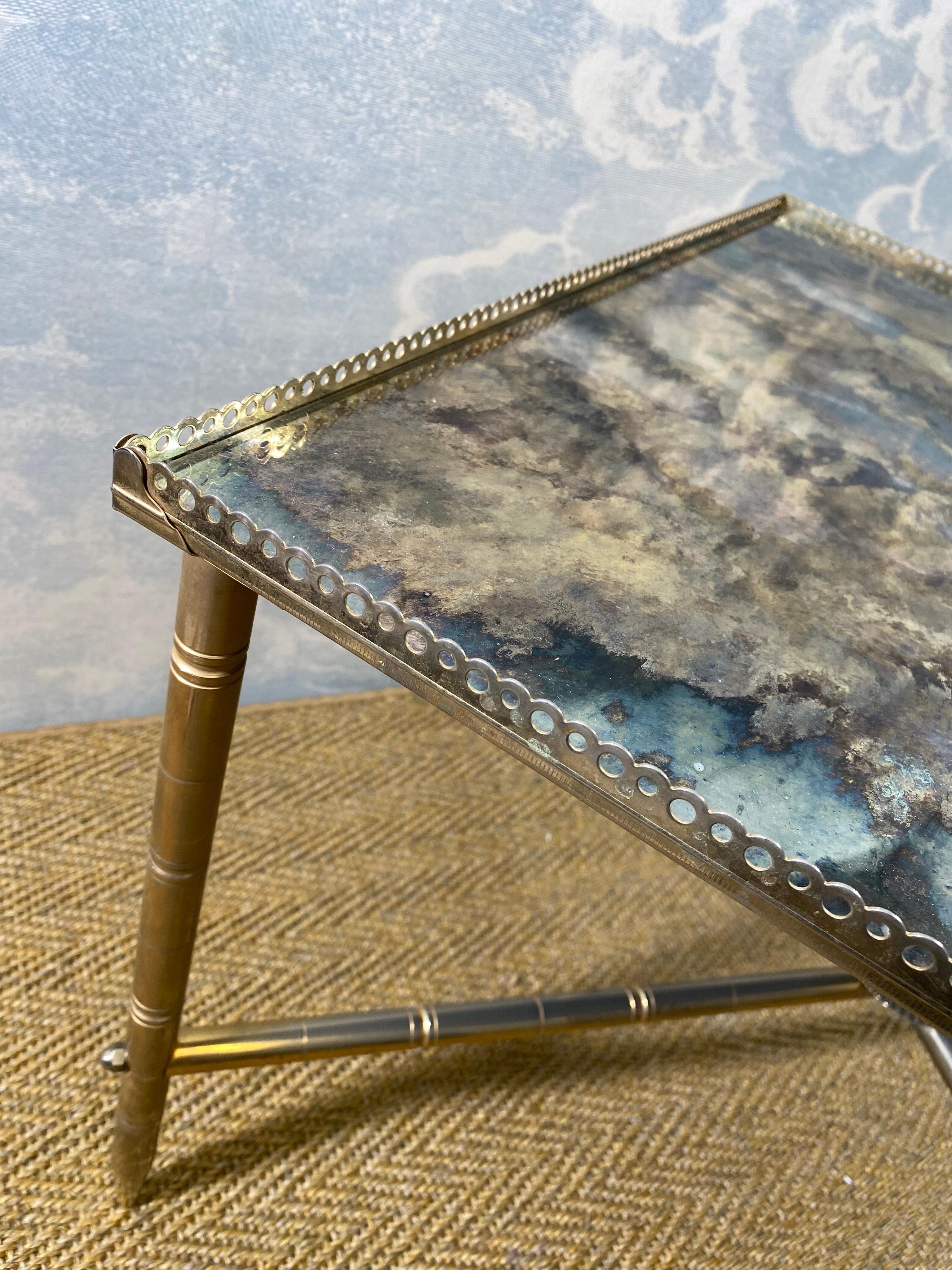 French Side Table With Mirrored Oxidized Metal Top on a Brass Frame, France, 1960s For Sale