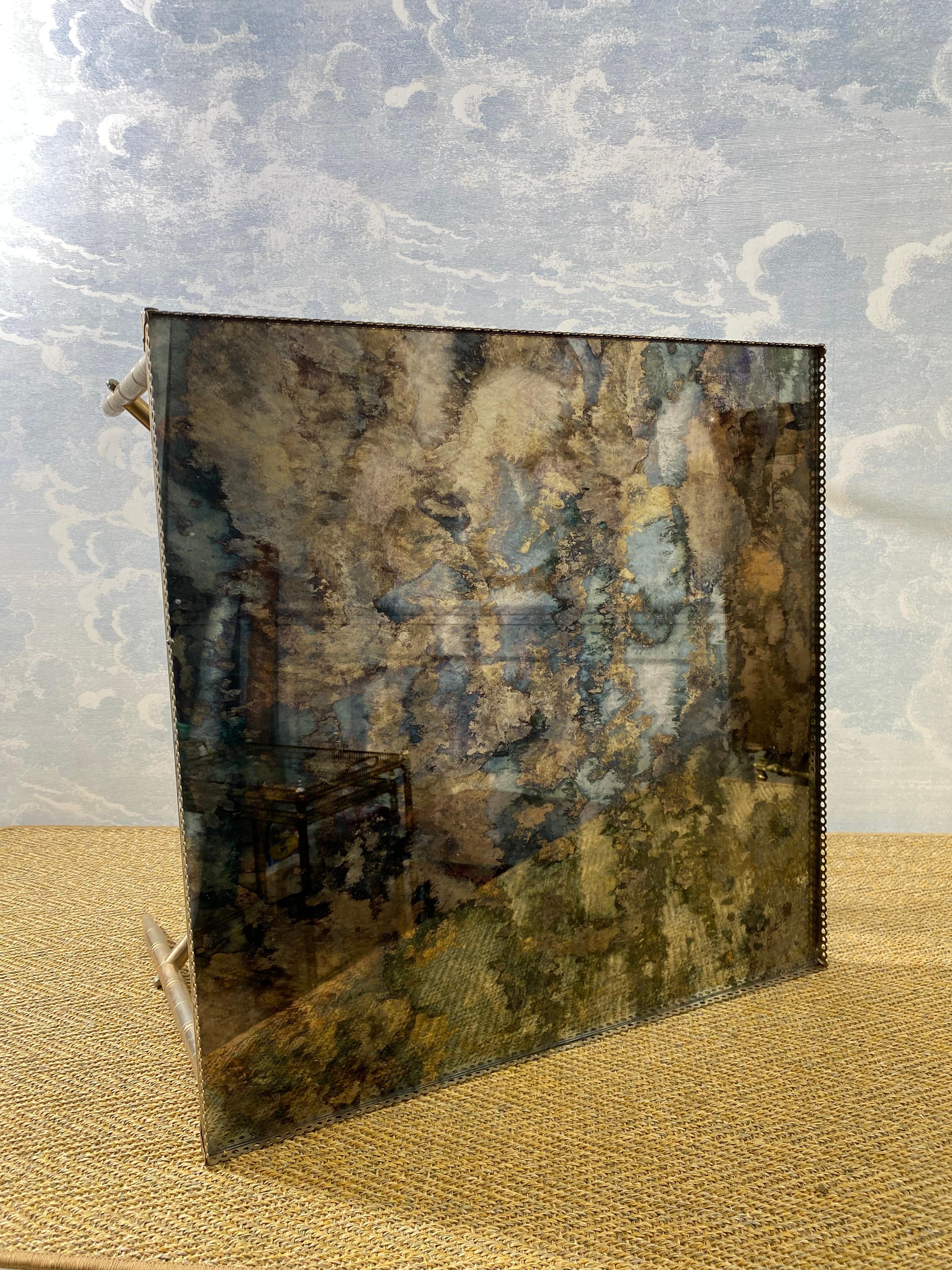 Side Table With Mirrored Oxidized Metal Top on a Brass Frame, France, 1960s In Good Condition For Sale In Cork, IE