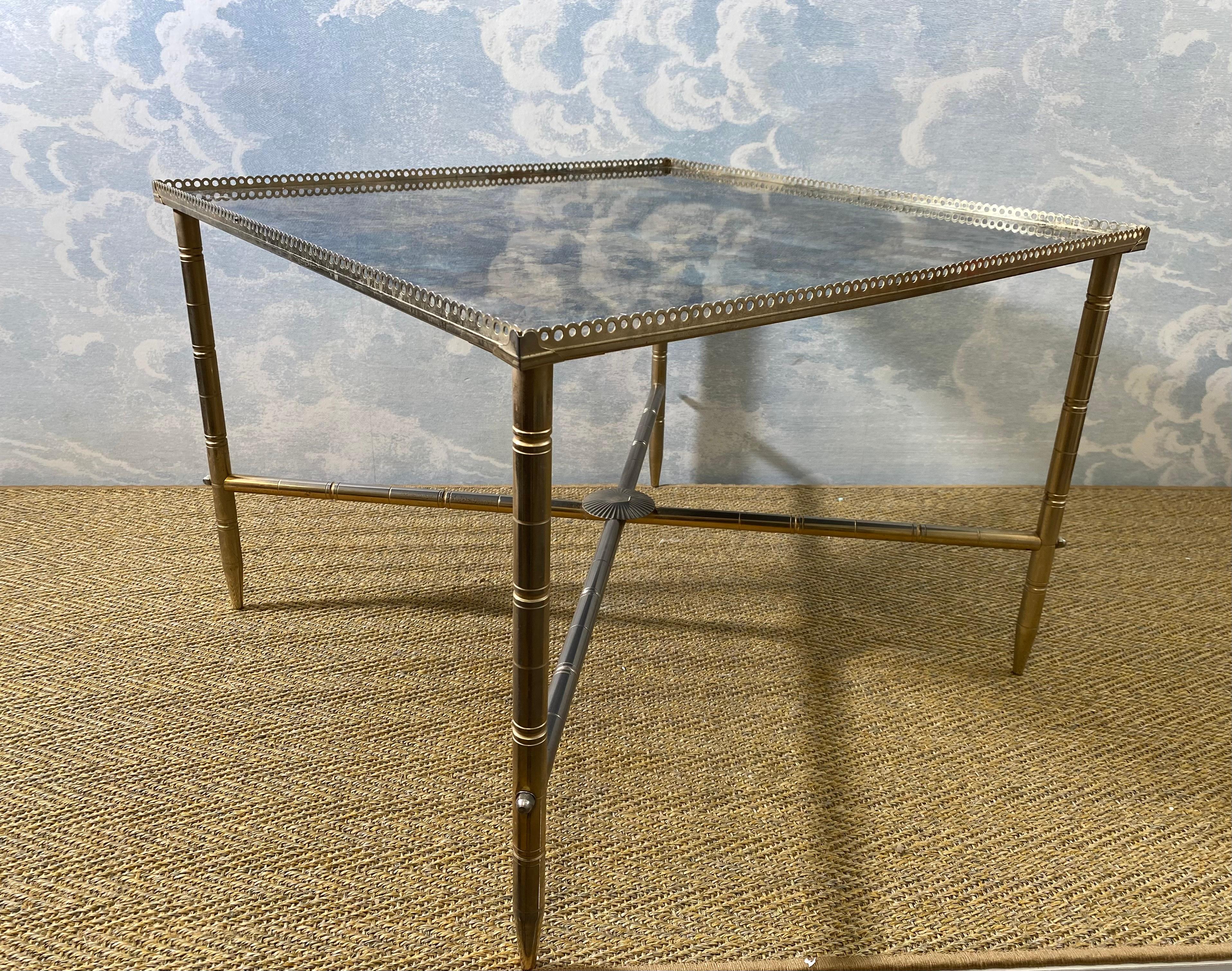 Mid-20th Century Side Table With Mirrored Oxidized Metal Top on a Brass Frame, France, 1960s For Sale