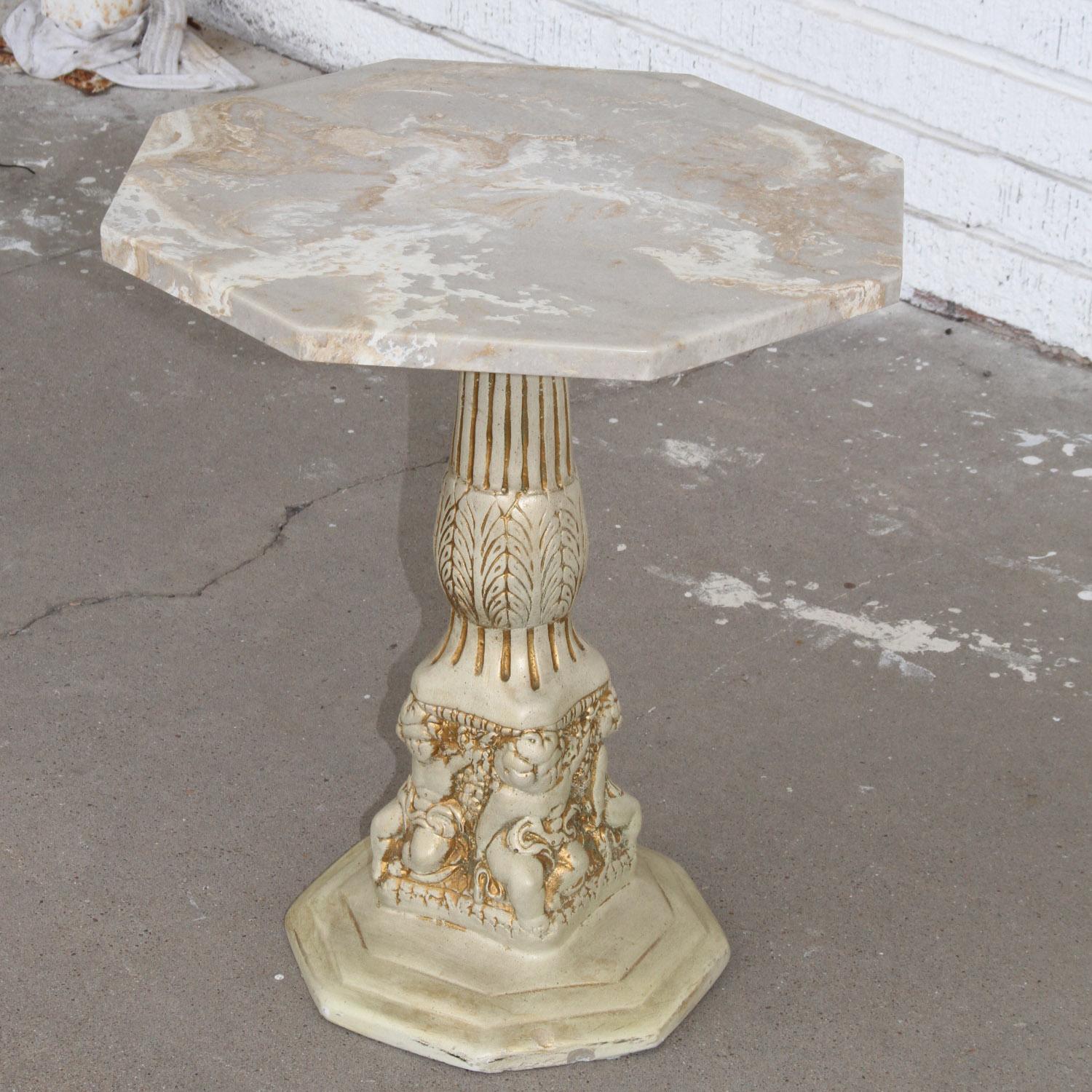 European Side Table with Octogan Stone Top and Carved Base For Sale