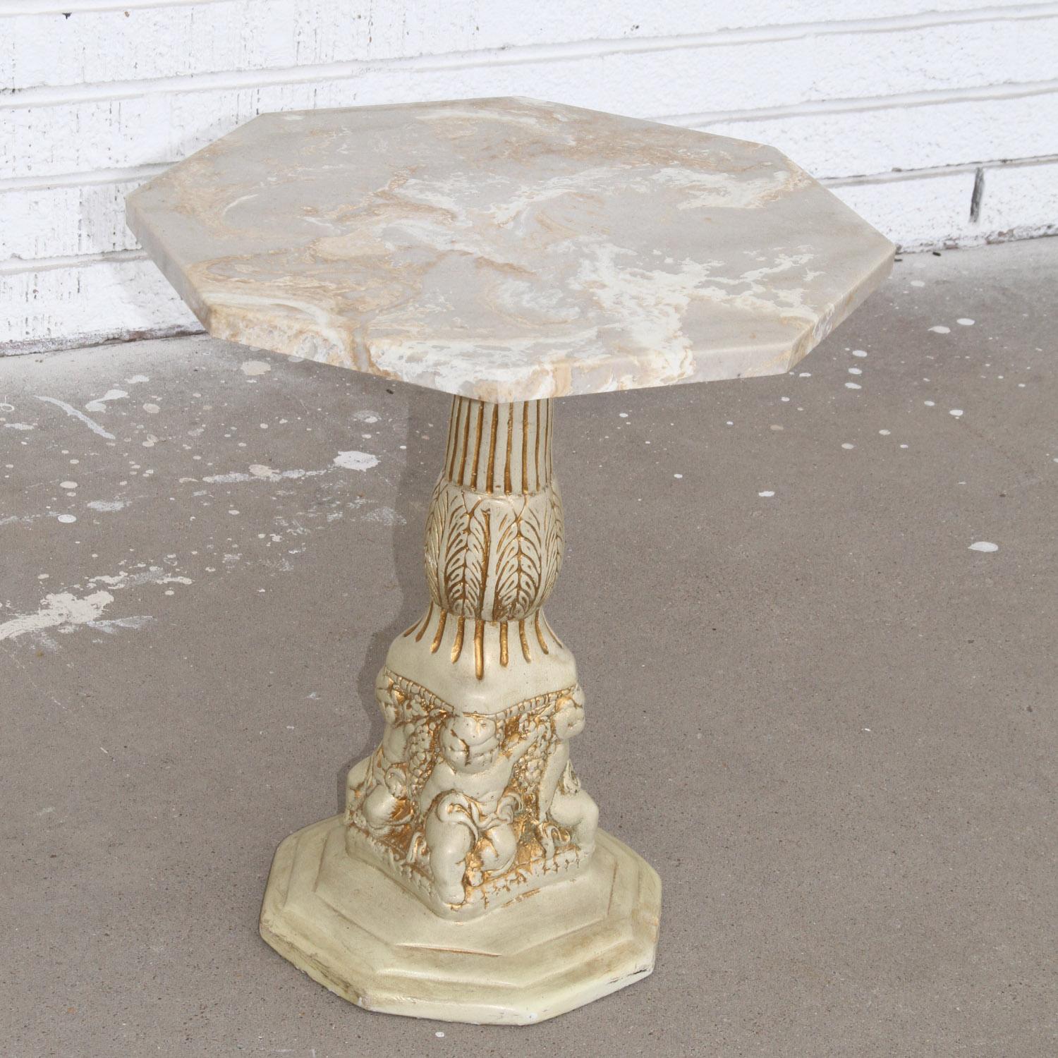 Side Table with Octogan Stone Top and Carved Base In Good Condition For Sale In Pasadena, TX