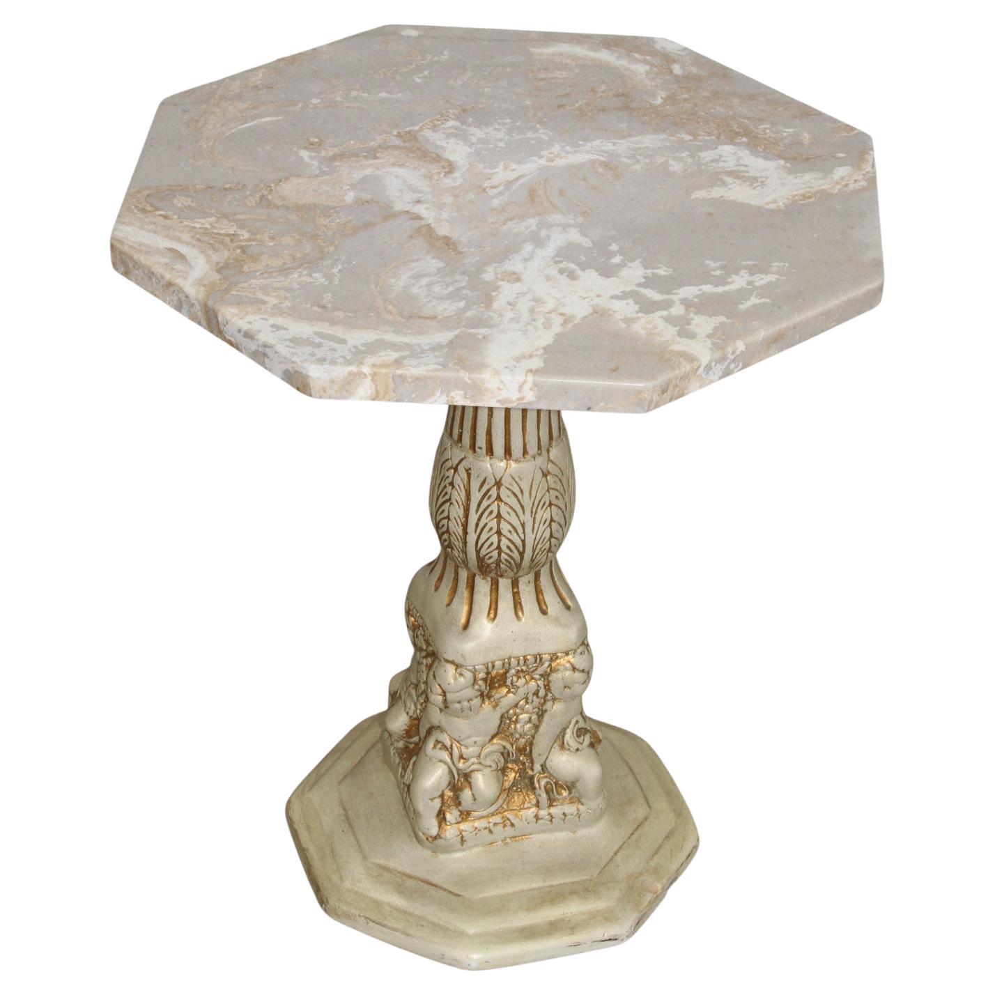 Side Table with Octogan Stone Top and Carved Base For Sale