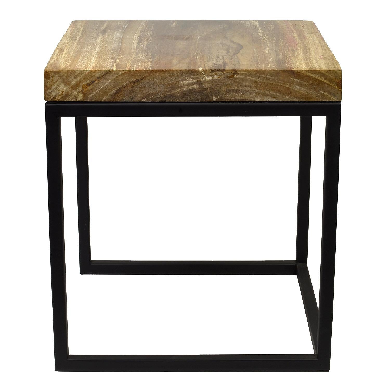 Side table with petrified wood top from Indonesia.

The petrified wood top has soft pinkish and gold tones and is from a millions of years old Indonesian fossilized rainforest. The table frame is black painted metal.

Petrified wood is a fossilized
