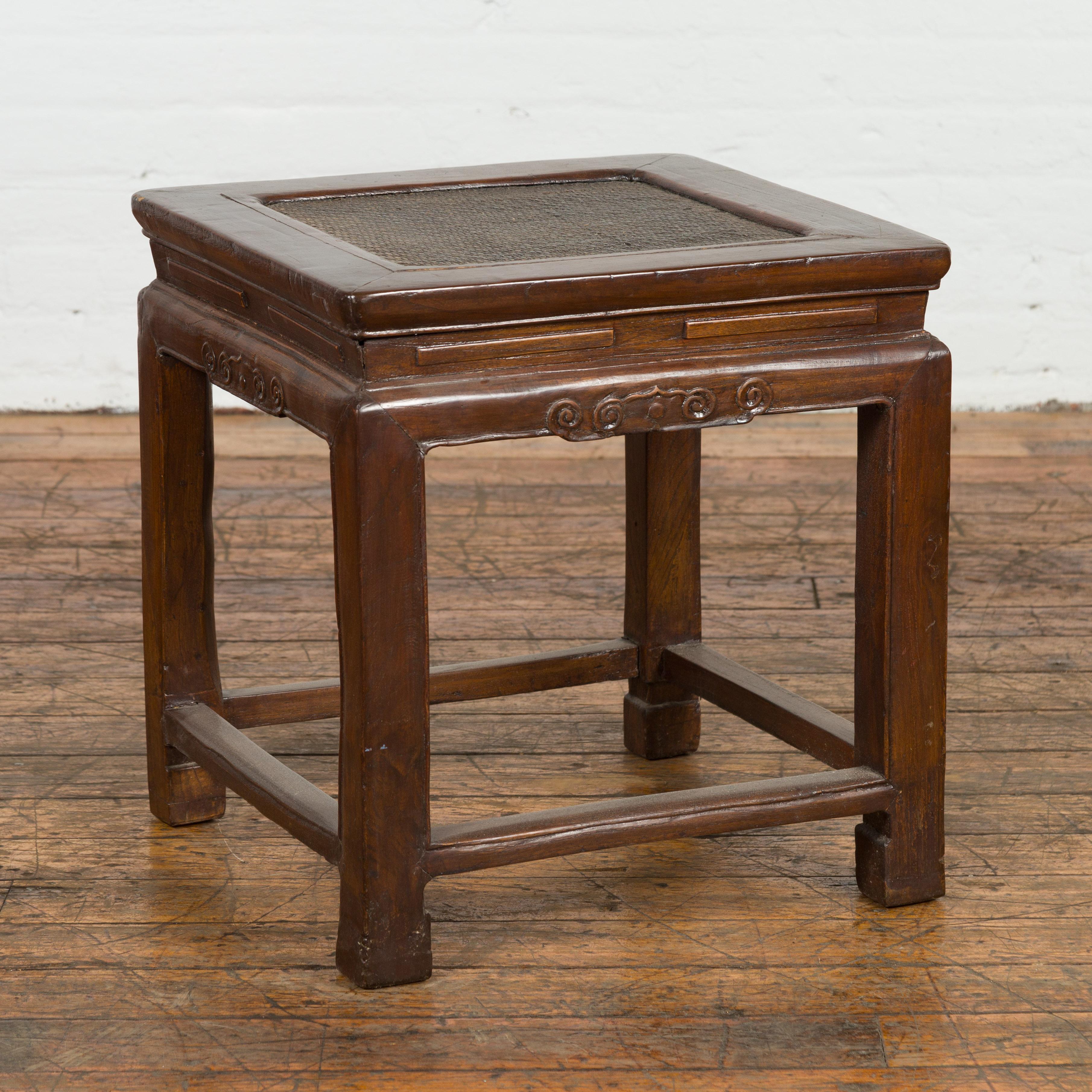 Side Table with Rattan Inset Top, Carved Apron and Horsehoof Feet For Sale 7
