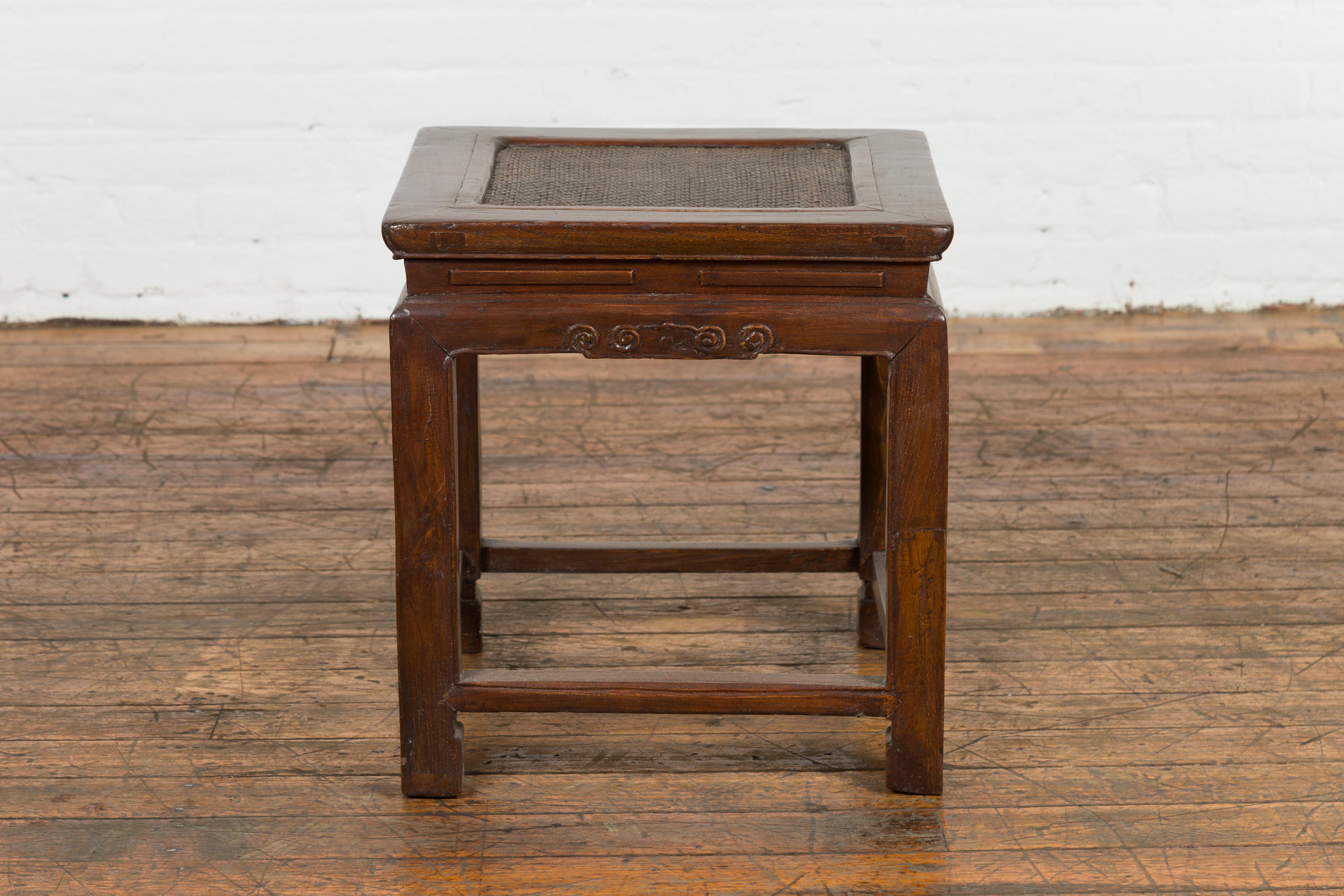 Side Table with Rattan Inset Top, Carved Apron and Horsehoof Feet For Sale 13