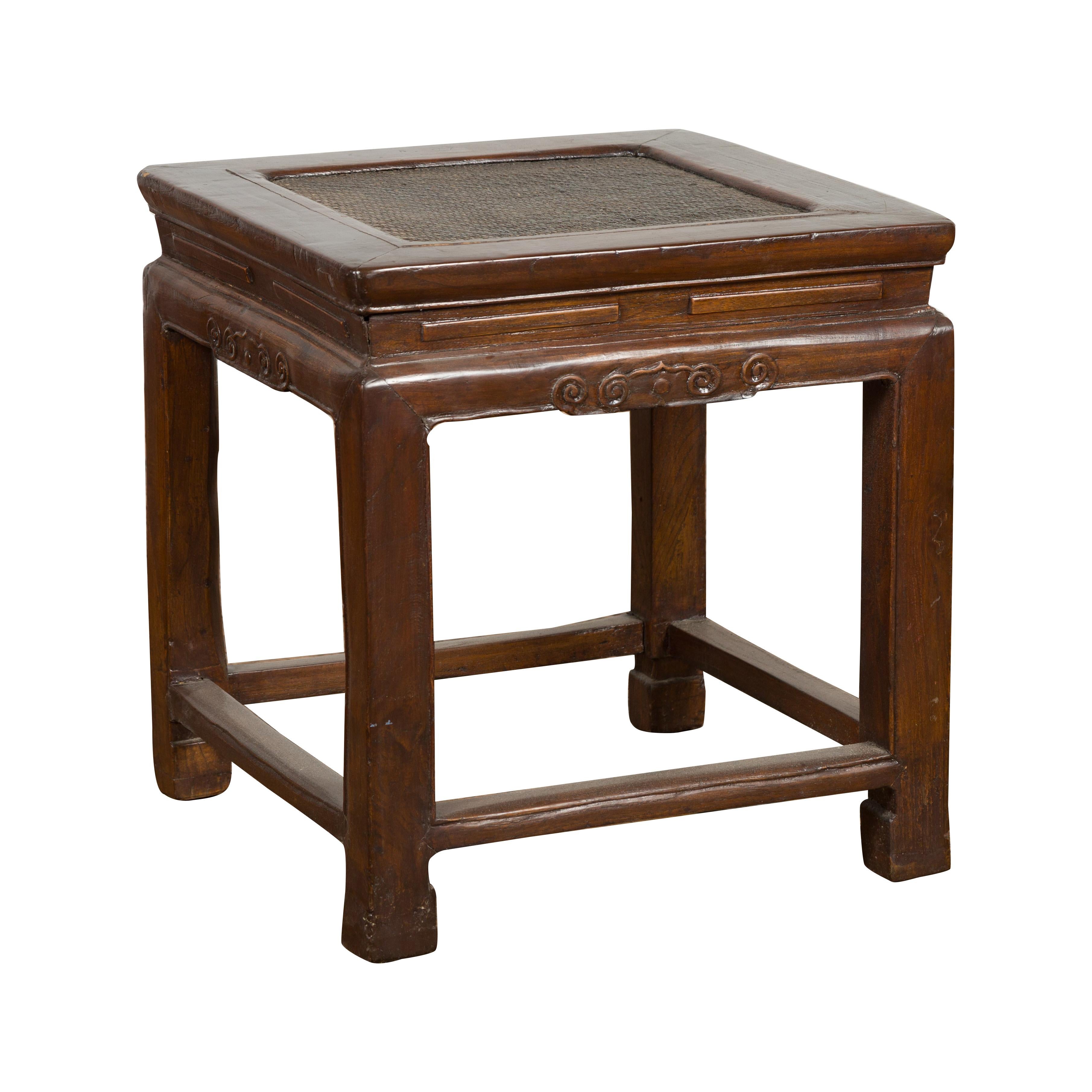 Side Table with Rattan Inset Top, Carved Apron and Horsehoof Feet For Sale 14
