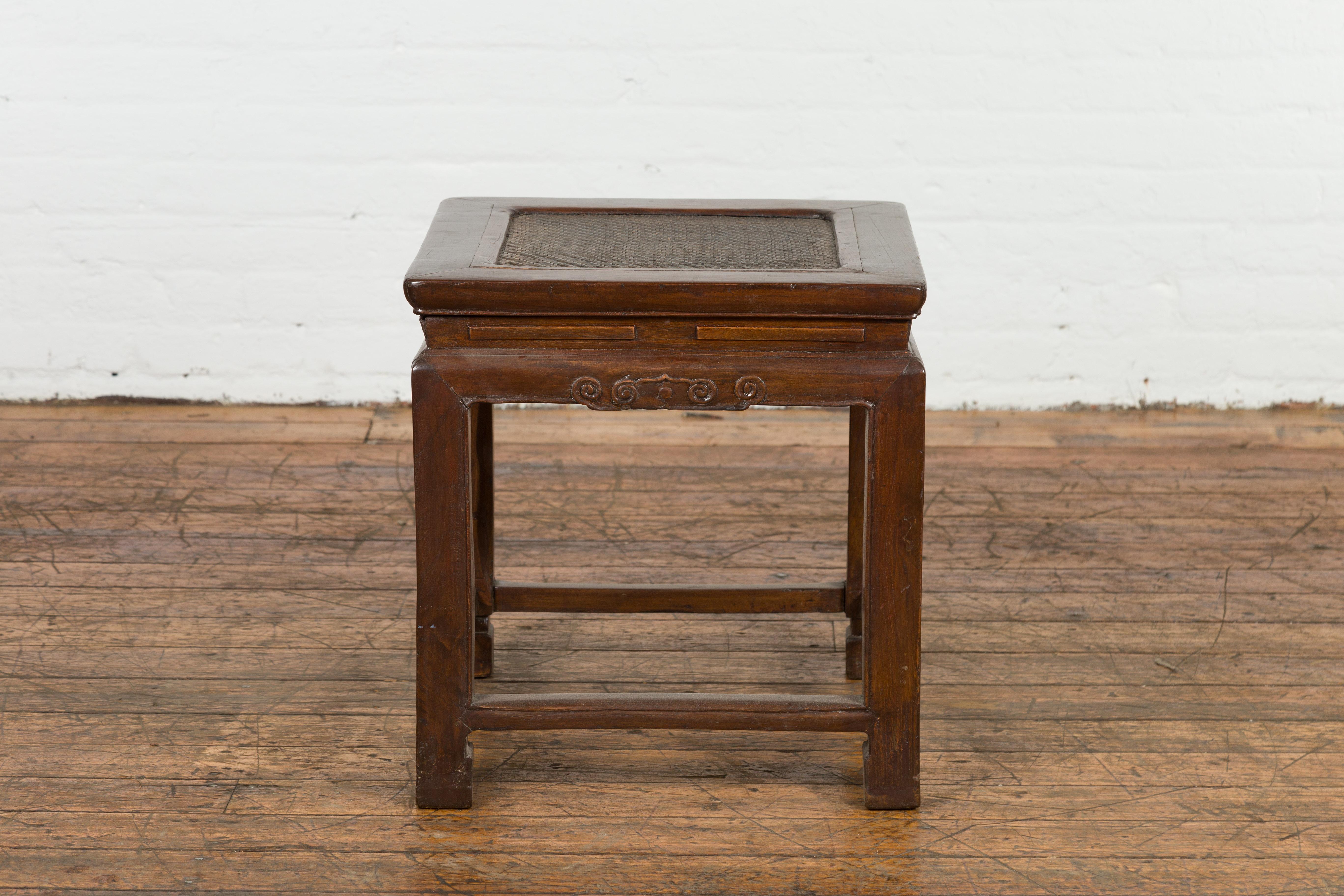 Qing Side Table with Rattan Inset Top, Carved Apron and Horsehoof Feet For Sale