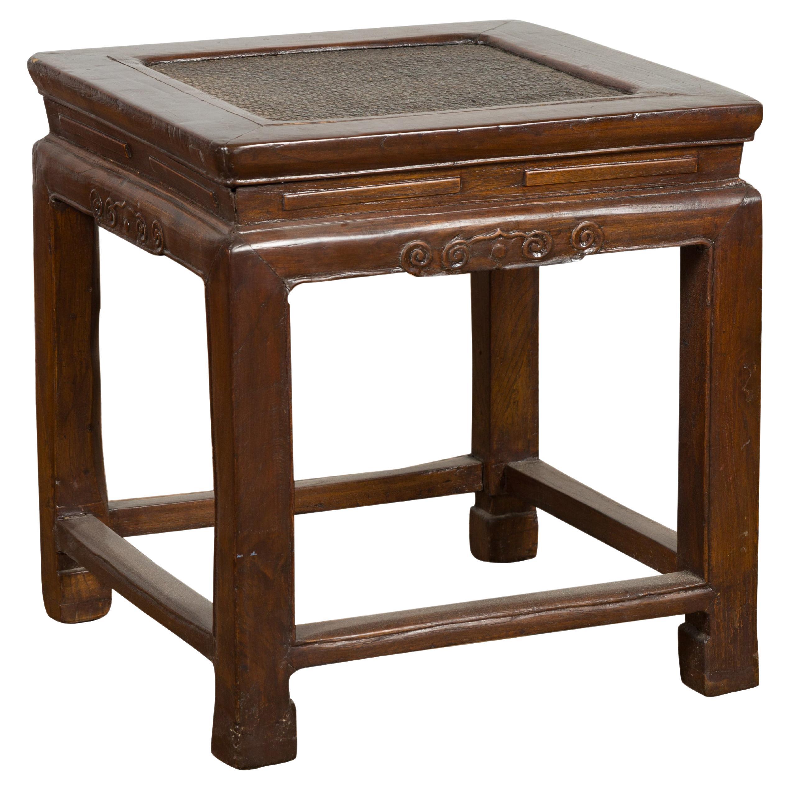 Side Table with Rattan Inset Top, Carved Apron and Horsehoof Feet