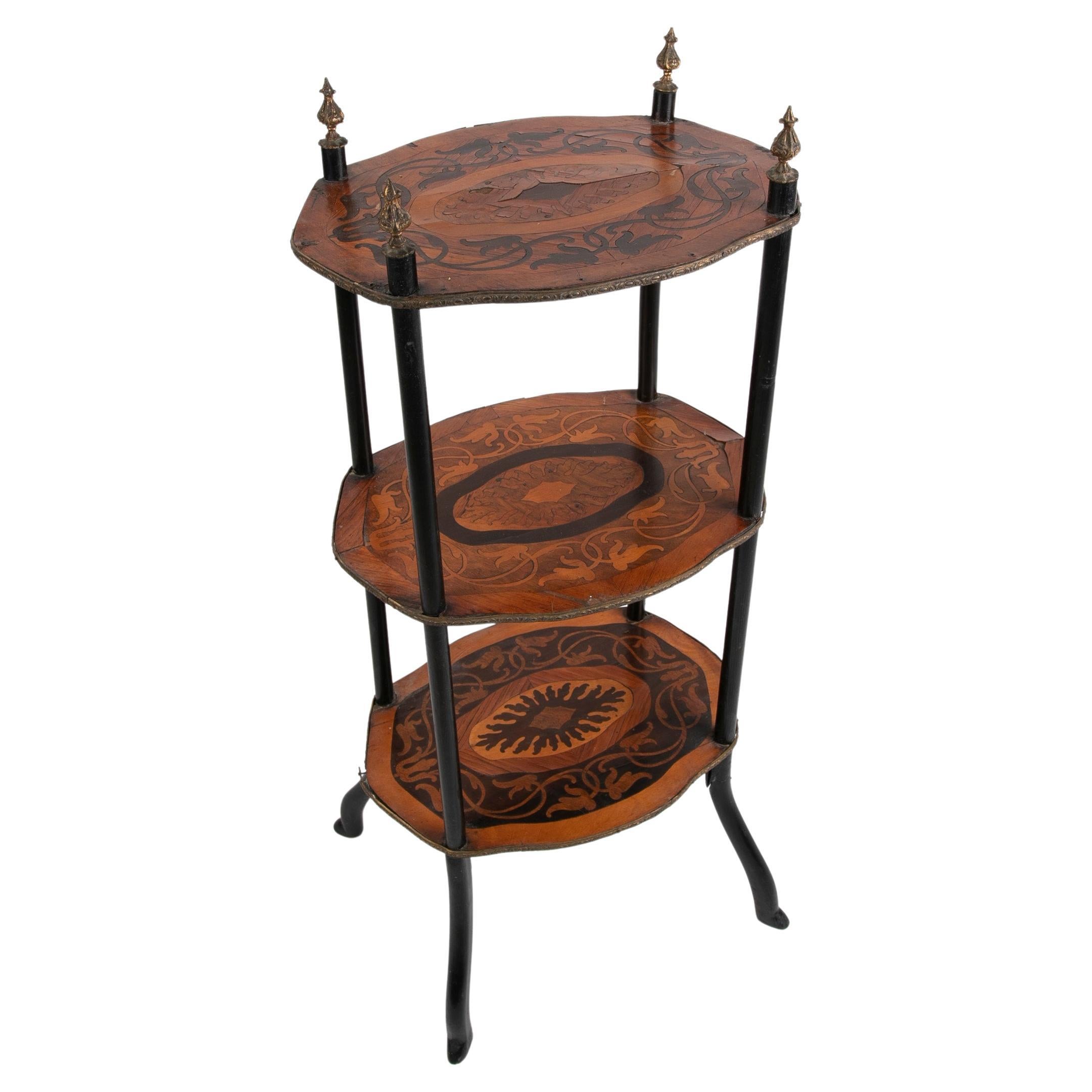Side Table with Three Shelves Decorated with Inlay Technique of Various Woods For Sale