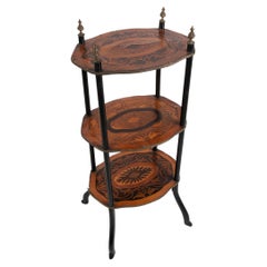 Vintage Side Table with Three Shelves Decorated with Inlay Technique of Various Woods