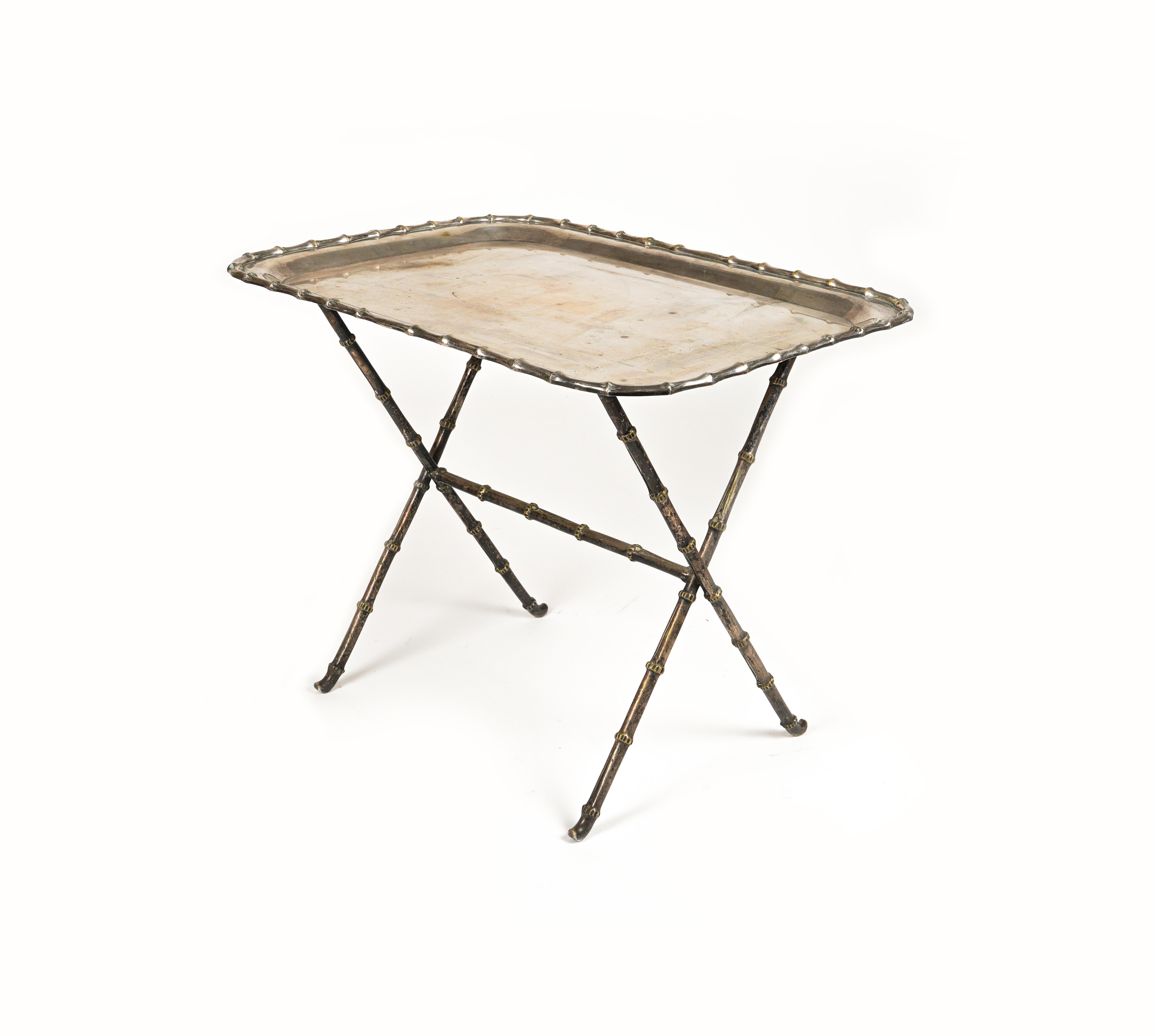 Side Table with Tray Faux Bamboo Silvered Brass by Maison Bagues, France 1960s For Sale 3