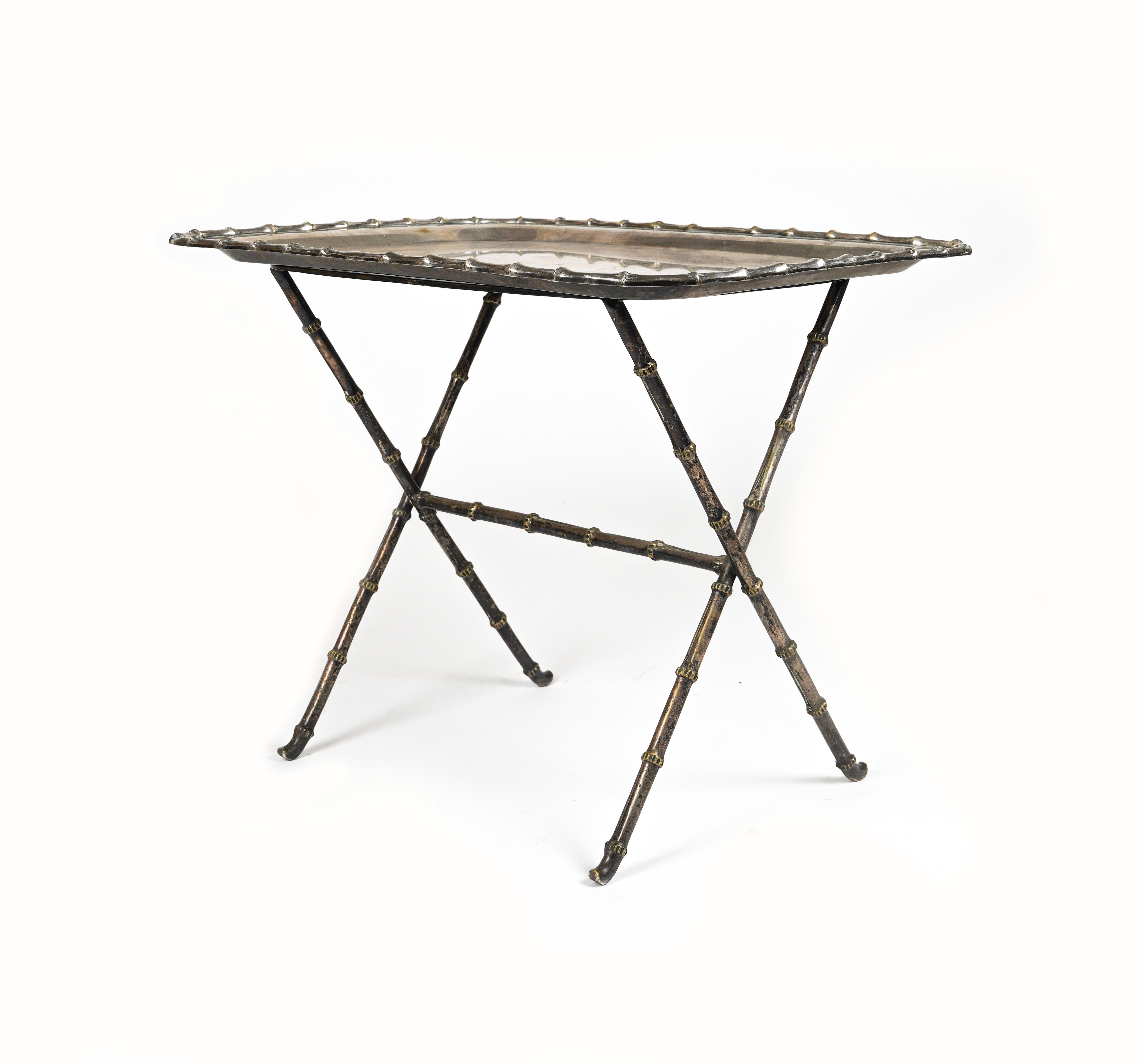 Side Table with Tray Faux Bamboo Silvered Brass by Maison Bagues, France 1960s For Sale 4