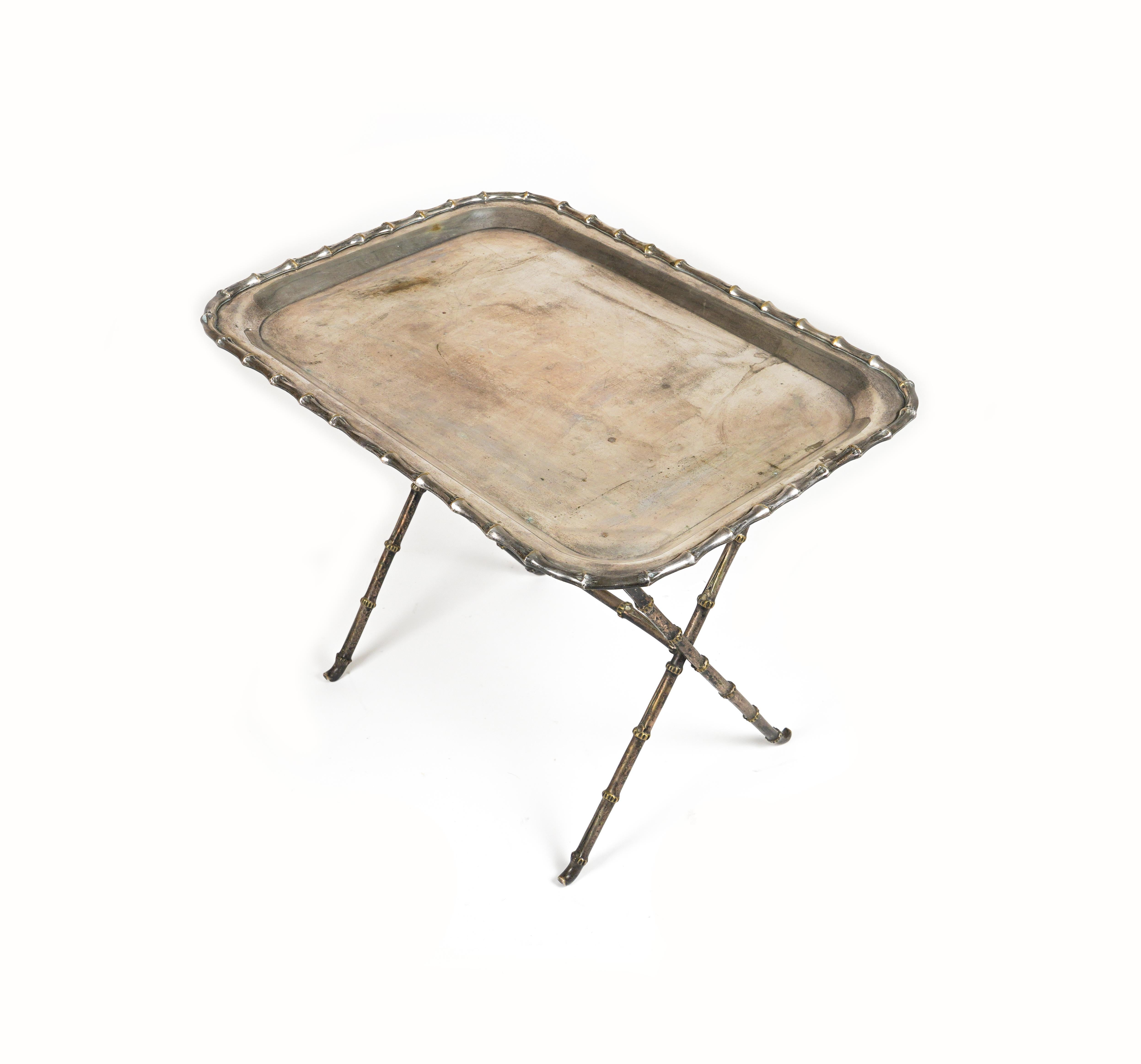 Side Table with Tray Faux Bamboo Silvered Brass by Maison Bagues, France 1960s For Sale 5
