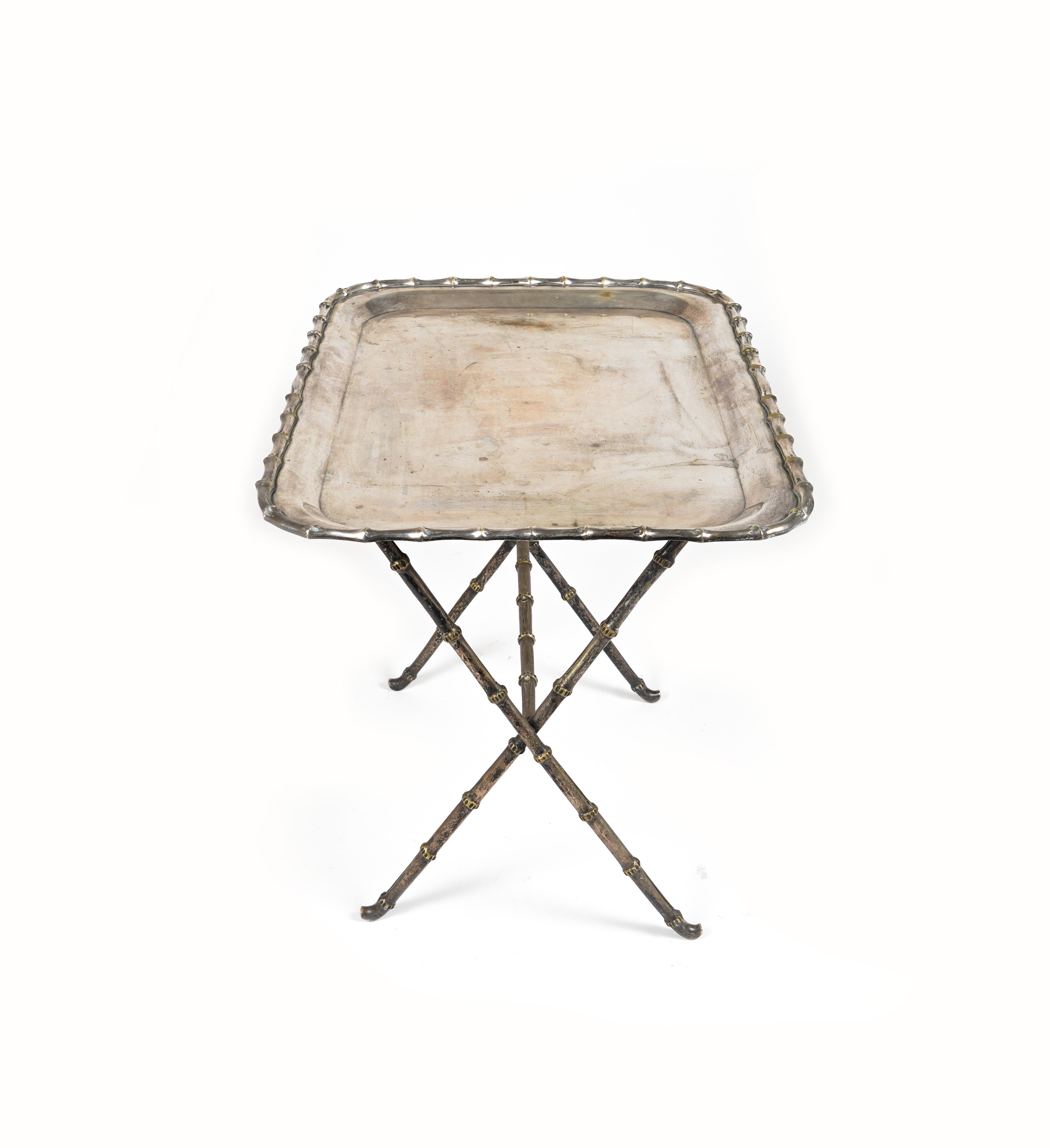 Side Table with Tray Faux Bamboo Silvered Brass by Maison Bagues, France 1960s For Sale 6