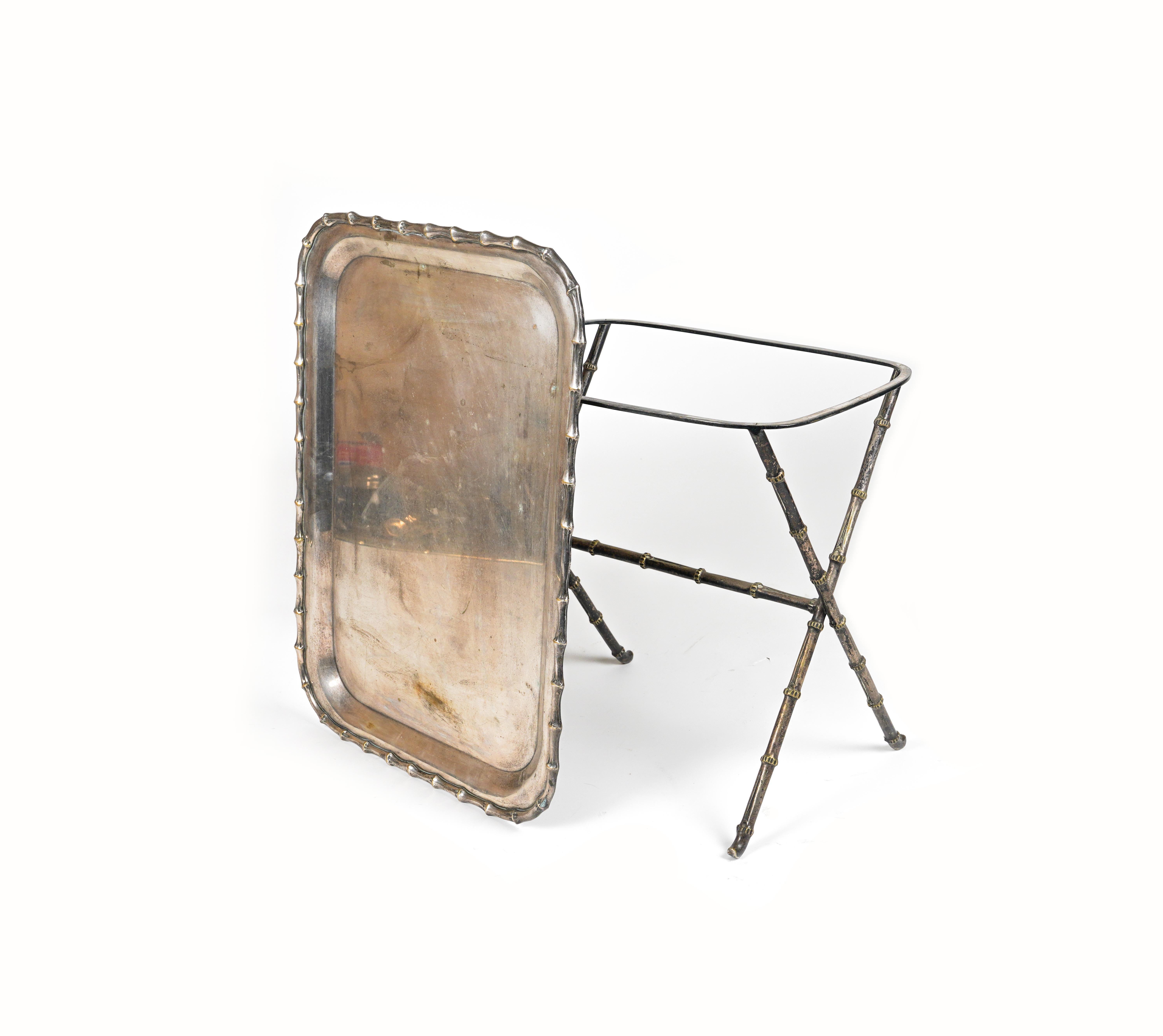 Side Table with Tray Faux Bamboo Silvered Brass by Maison Bagues, France 1960s For Sale 9