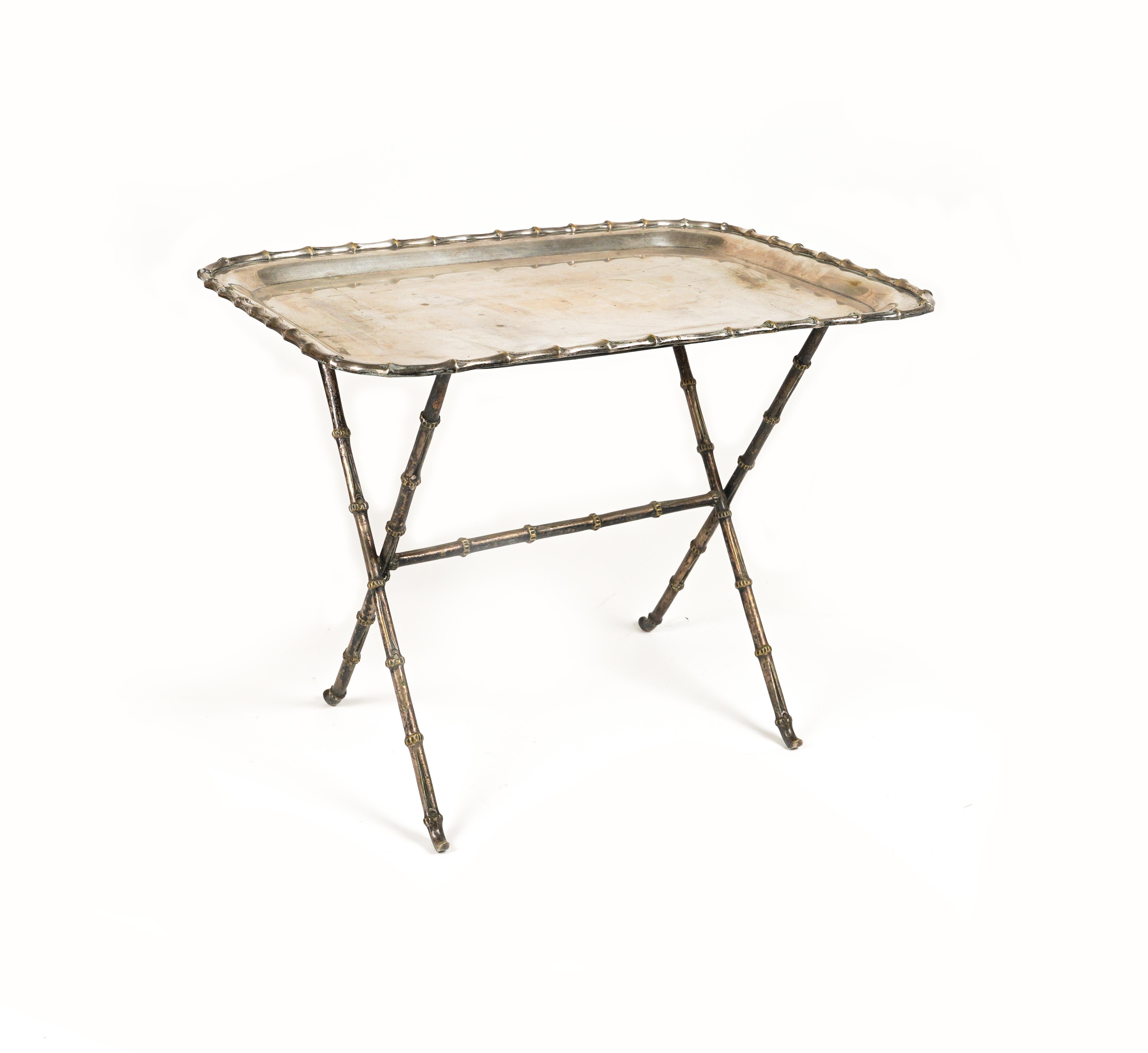 Mid-Century Modern Side Table with Tray Faux Bamboo Silvered Brass by Maison Bagues, France 1960s For Sale