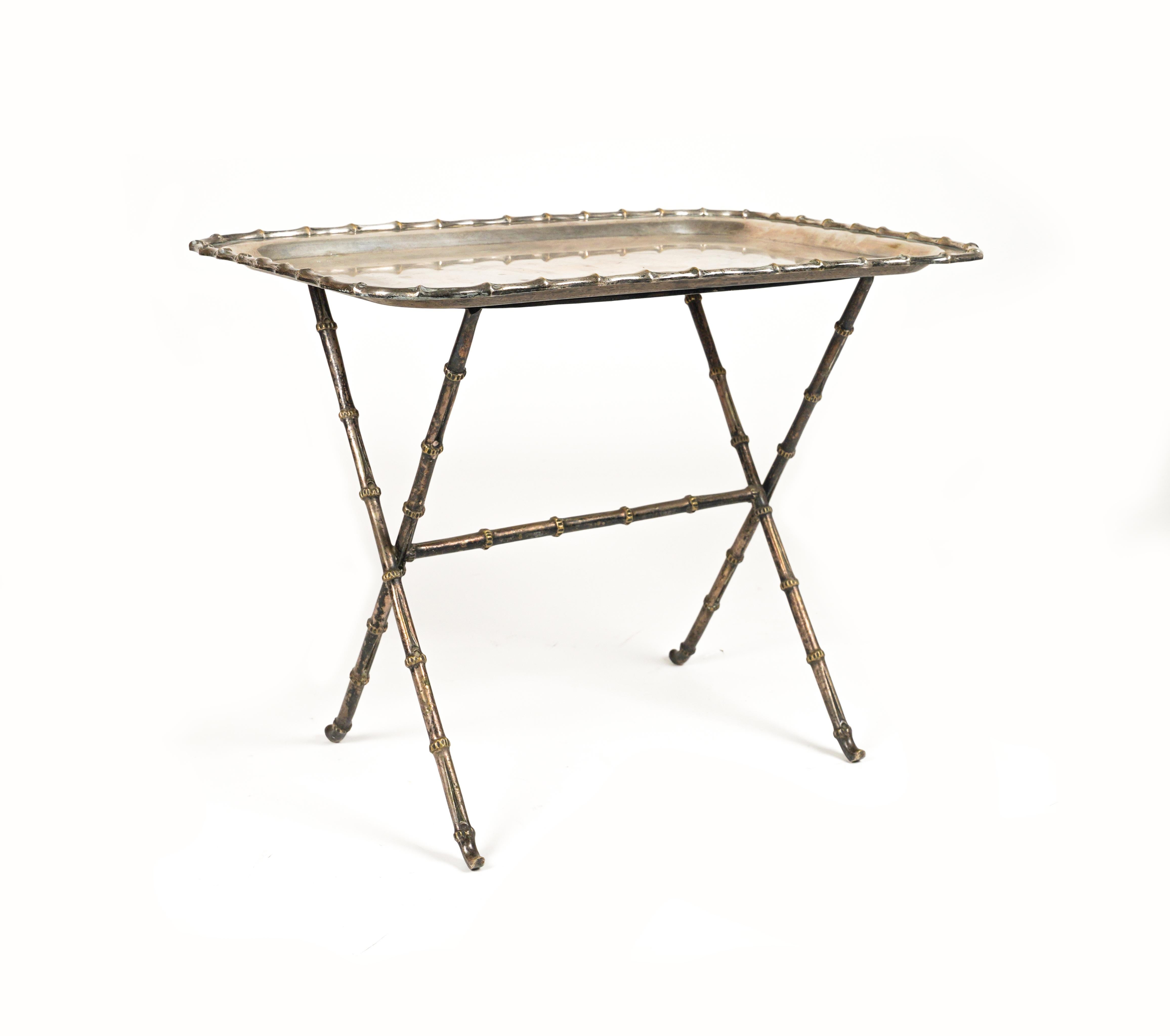 French Side Table with Tray Faux Bamboo Silvered Brass by Maison Bagues, France 1960s For Sale