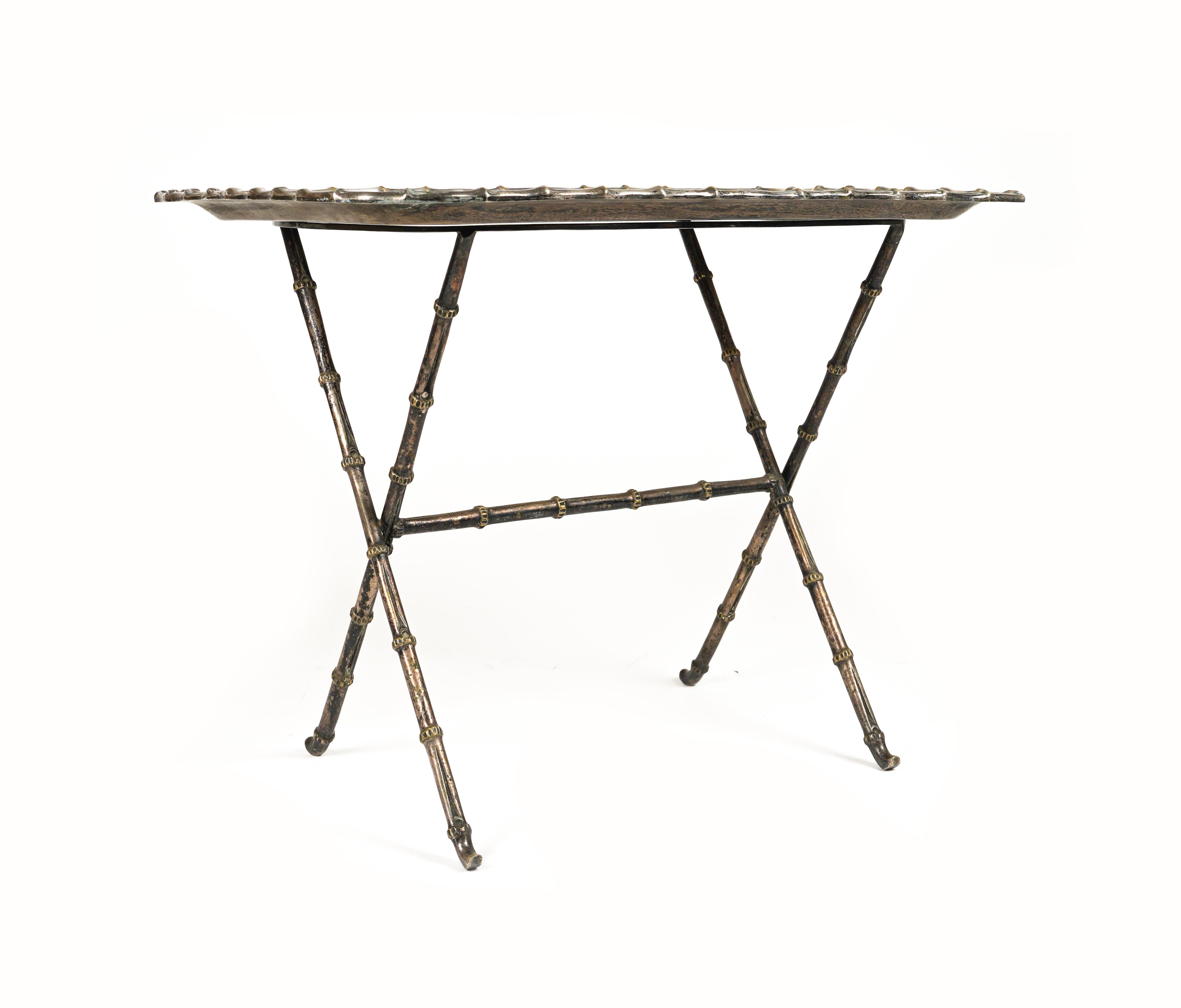 Side Table with Tray Faux Bamboo Silvered Brass by Maison Bagues, France 1960s In Good Condition For Sale In Rome, IT