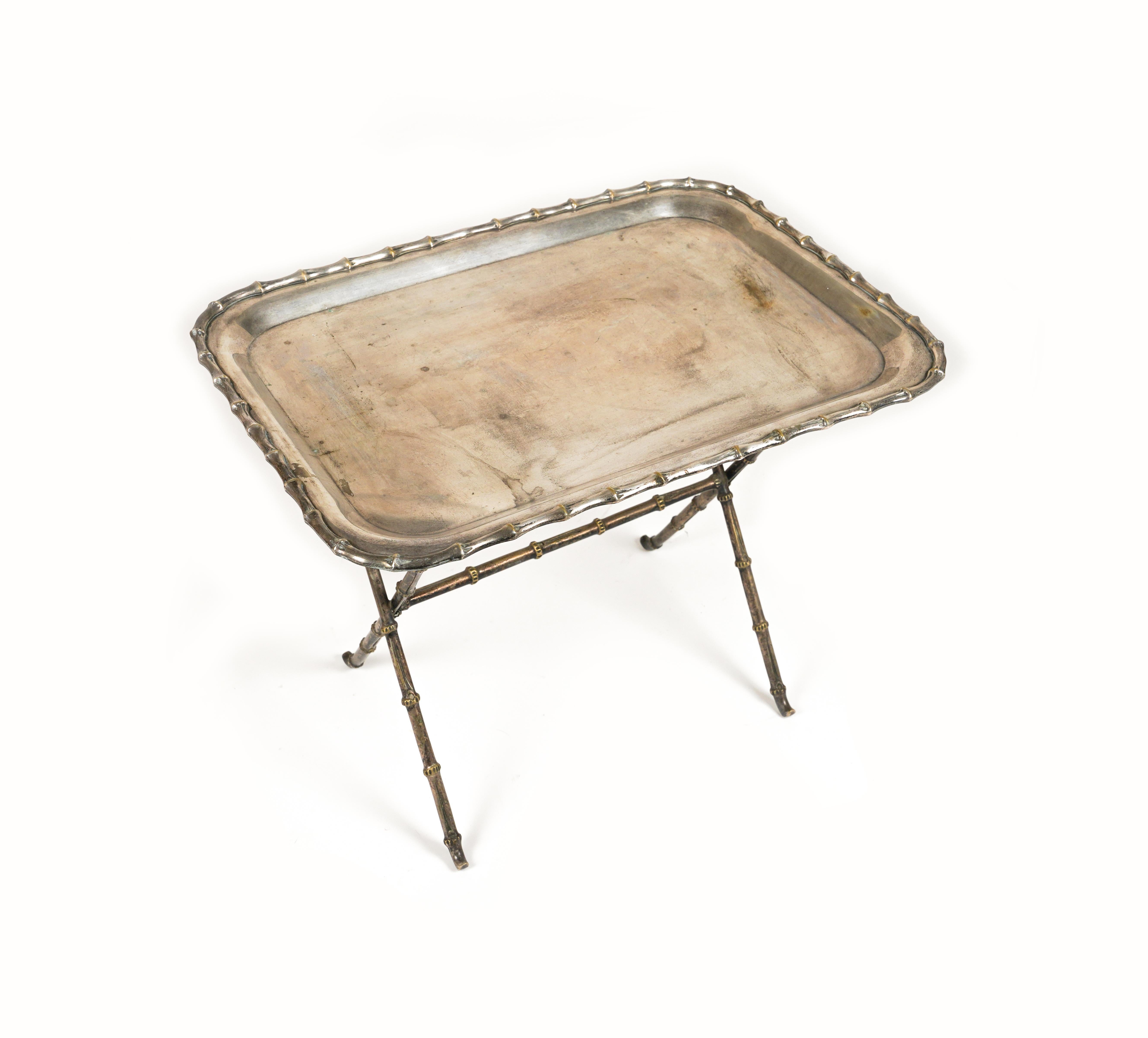 Mid-20th Century Side Table with Tray Faux Bamboo Silvered Brass by Maison Bagues, France 1960s For Sale