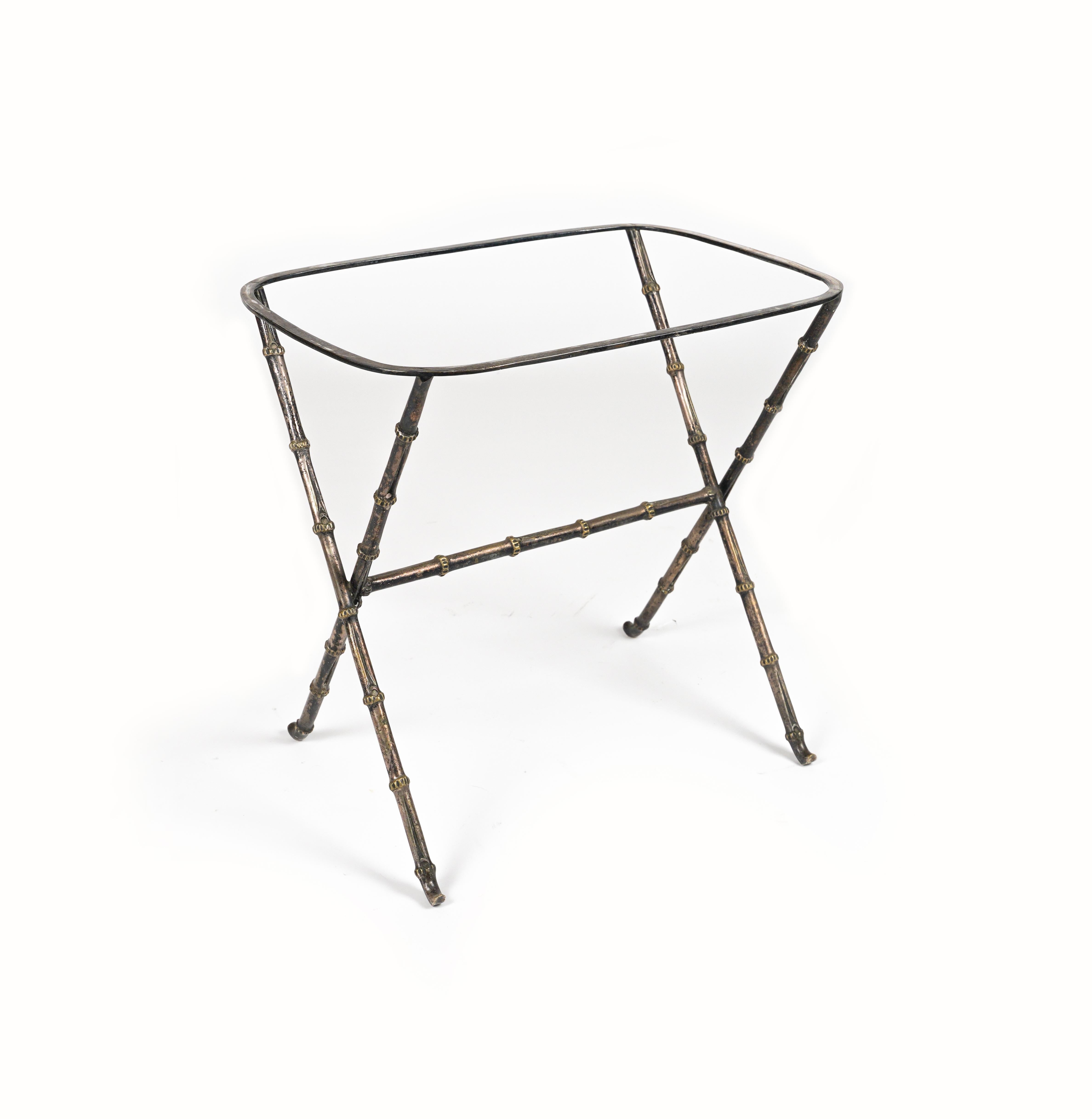 Metal Side Table with Tray Faux Bamboo Silvered Brass by Maison Bagues, France 1960s For Sale