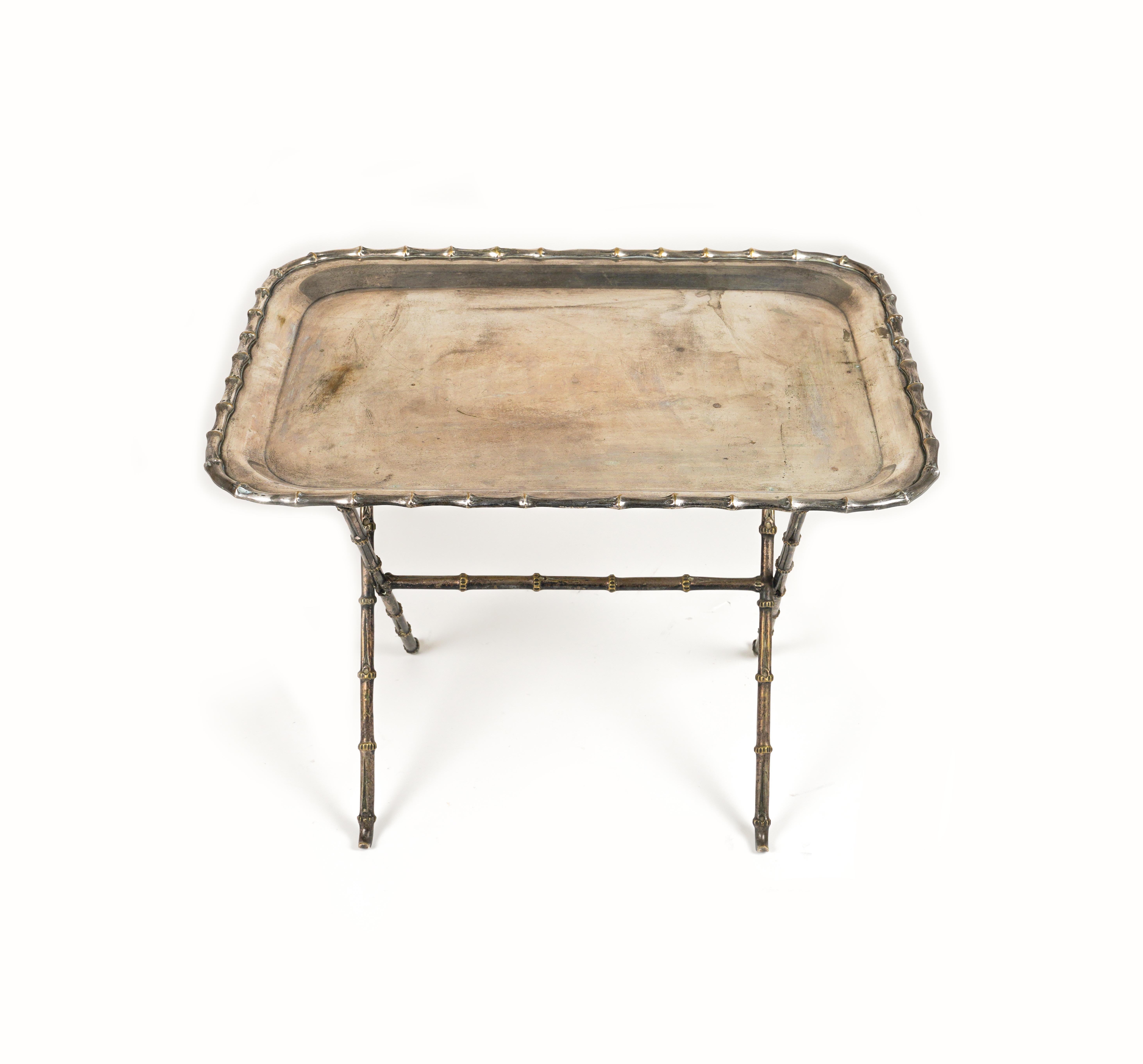 Side Table with Tray Faux Bamboo Silvered Brass by Maison Bagues, France 1960s For Sale 2
