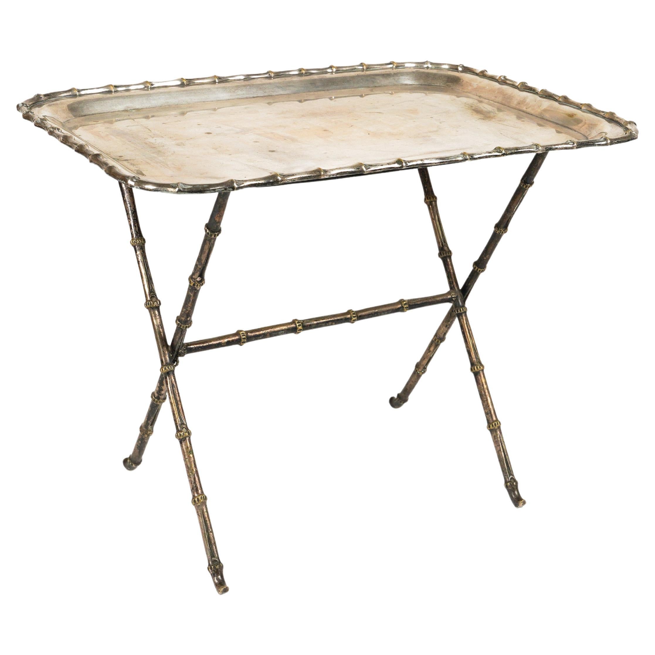 Side Table with Tray Faux Bamboo Silvered Brass by Maison Bagues, France 1960s For Sale