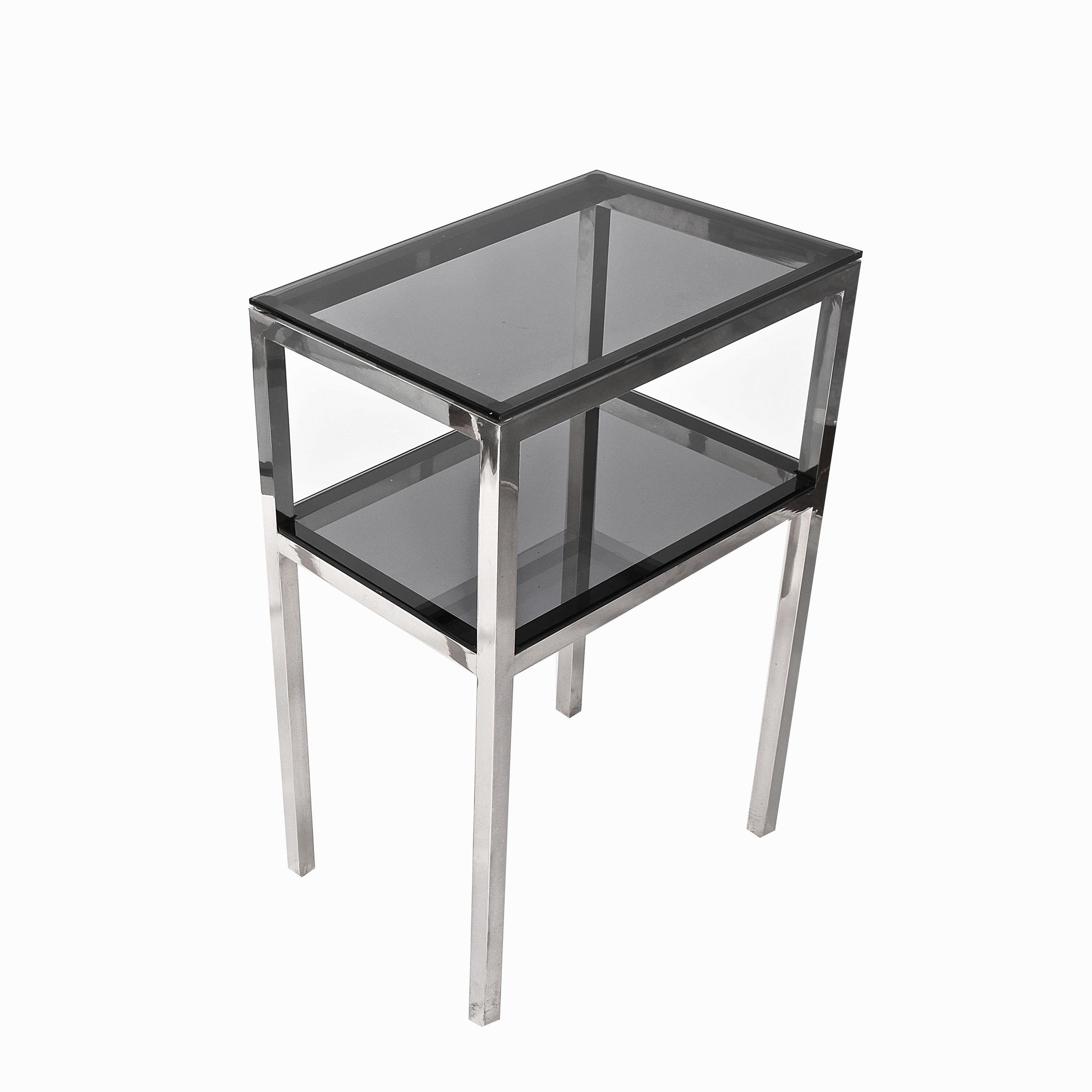 Mid-Century Modern Side Table with Two Levels Steel and Glass Style Romeo Rega, Italy, 1980s For Sale