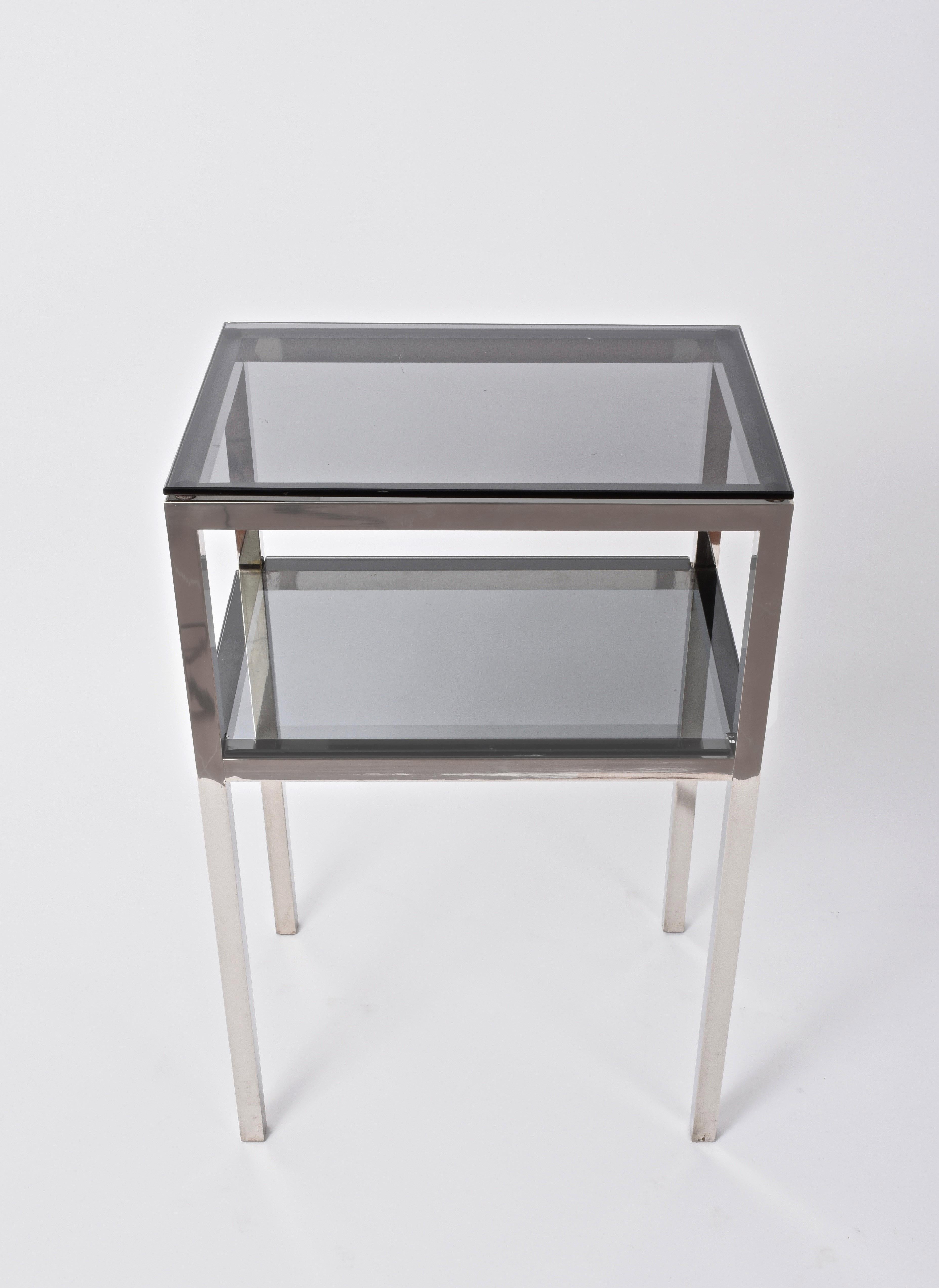 Side Table with Two Levels Steel and Glass Style Romeo Rega, Italy, 1980s In Good Condition For Sale In Roma, IT