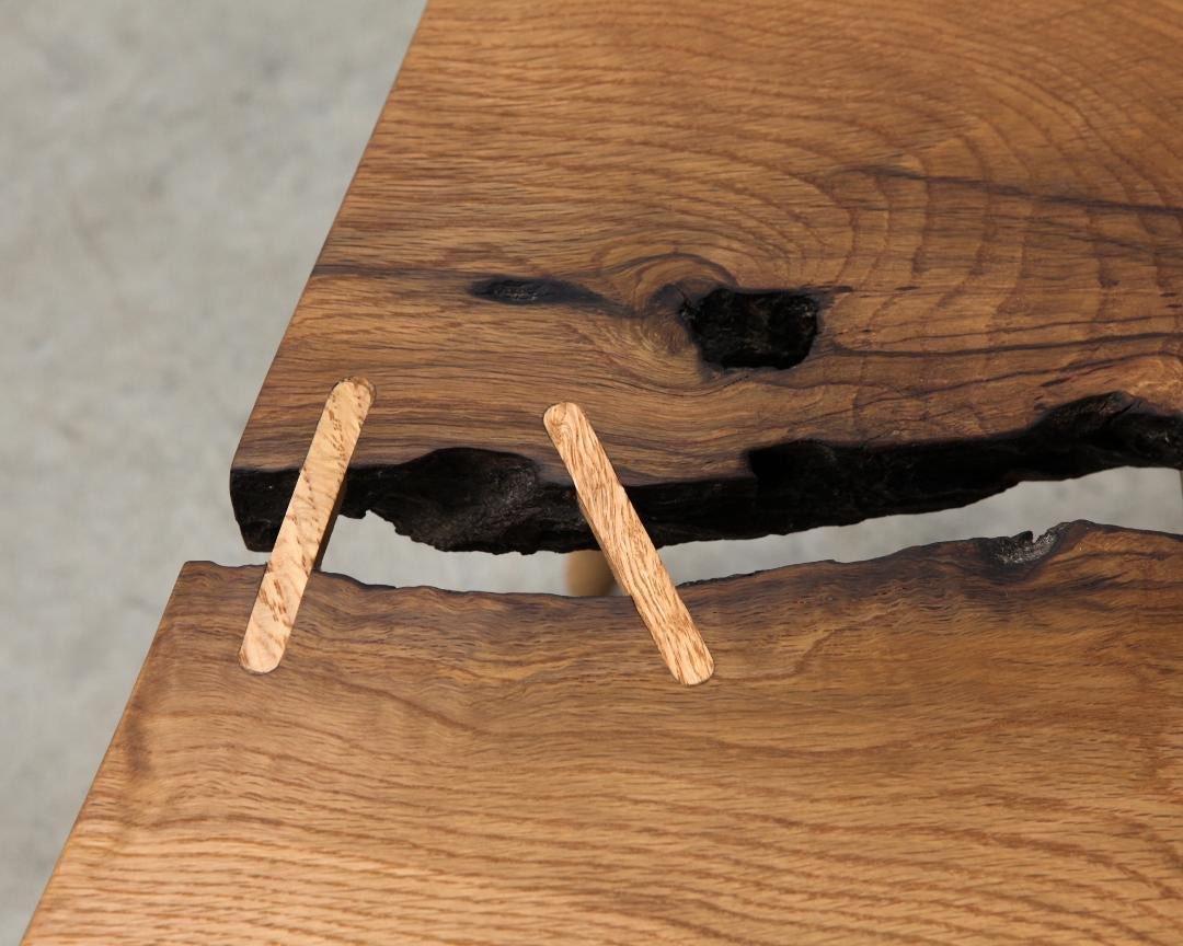 Side table with white oak burl top, stretchers and curly white oak legs by Michael Rozell.