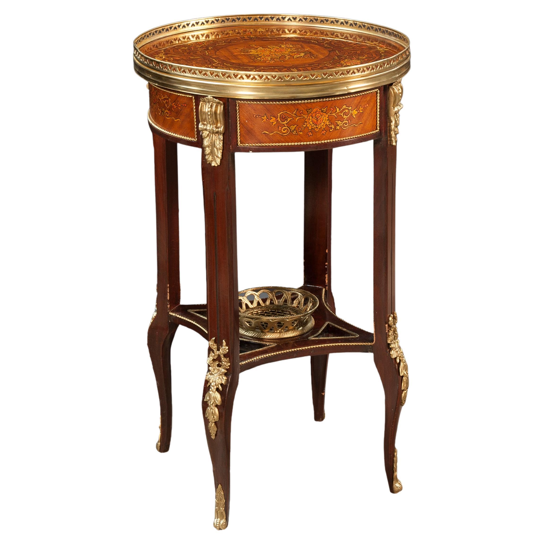 Side table. Wood, marquetry, gilded metal.  For Sale