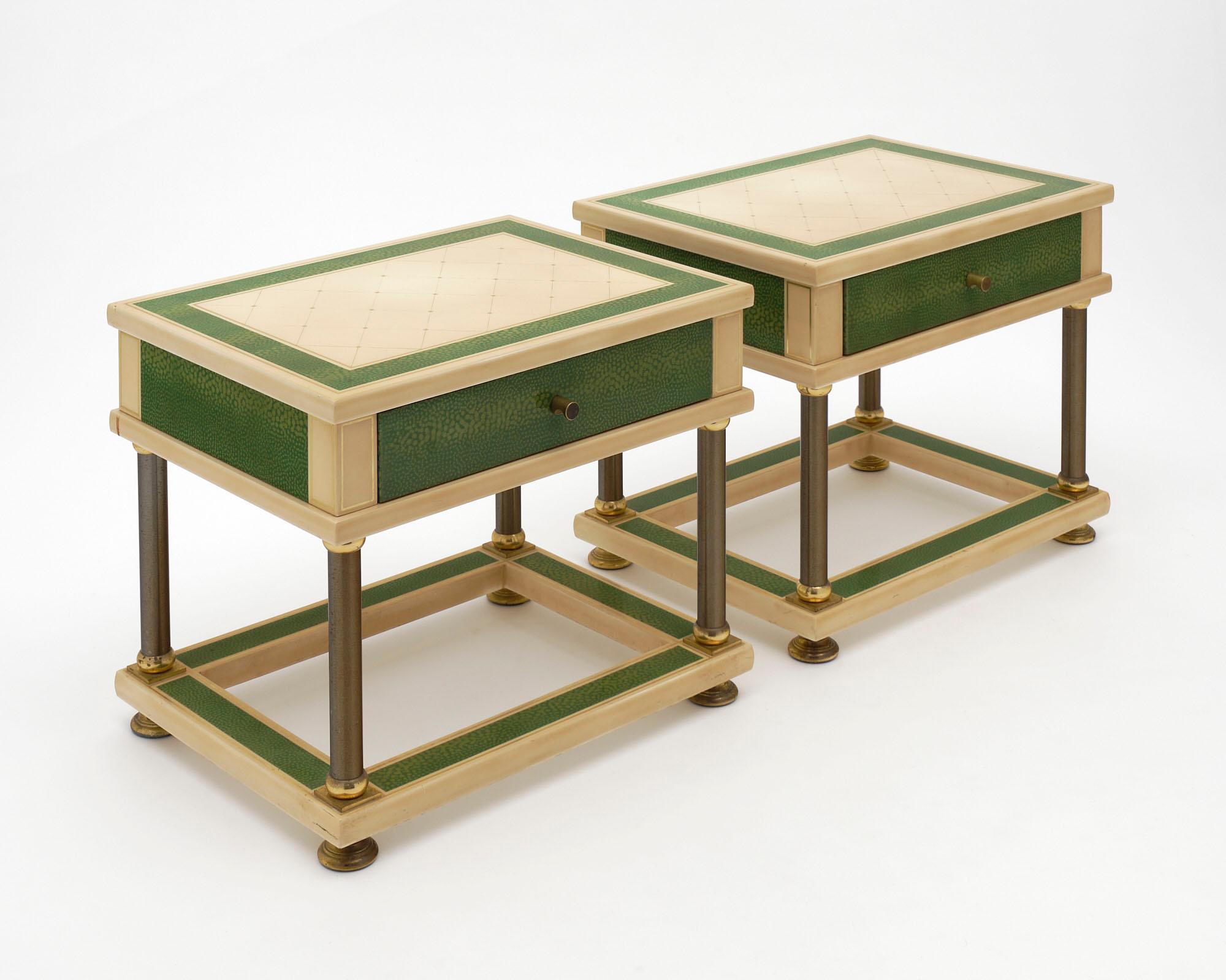 Pair of night stands, green and ivory lacquered wood, steel legs, by Jean-Claude Mahey.