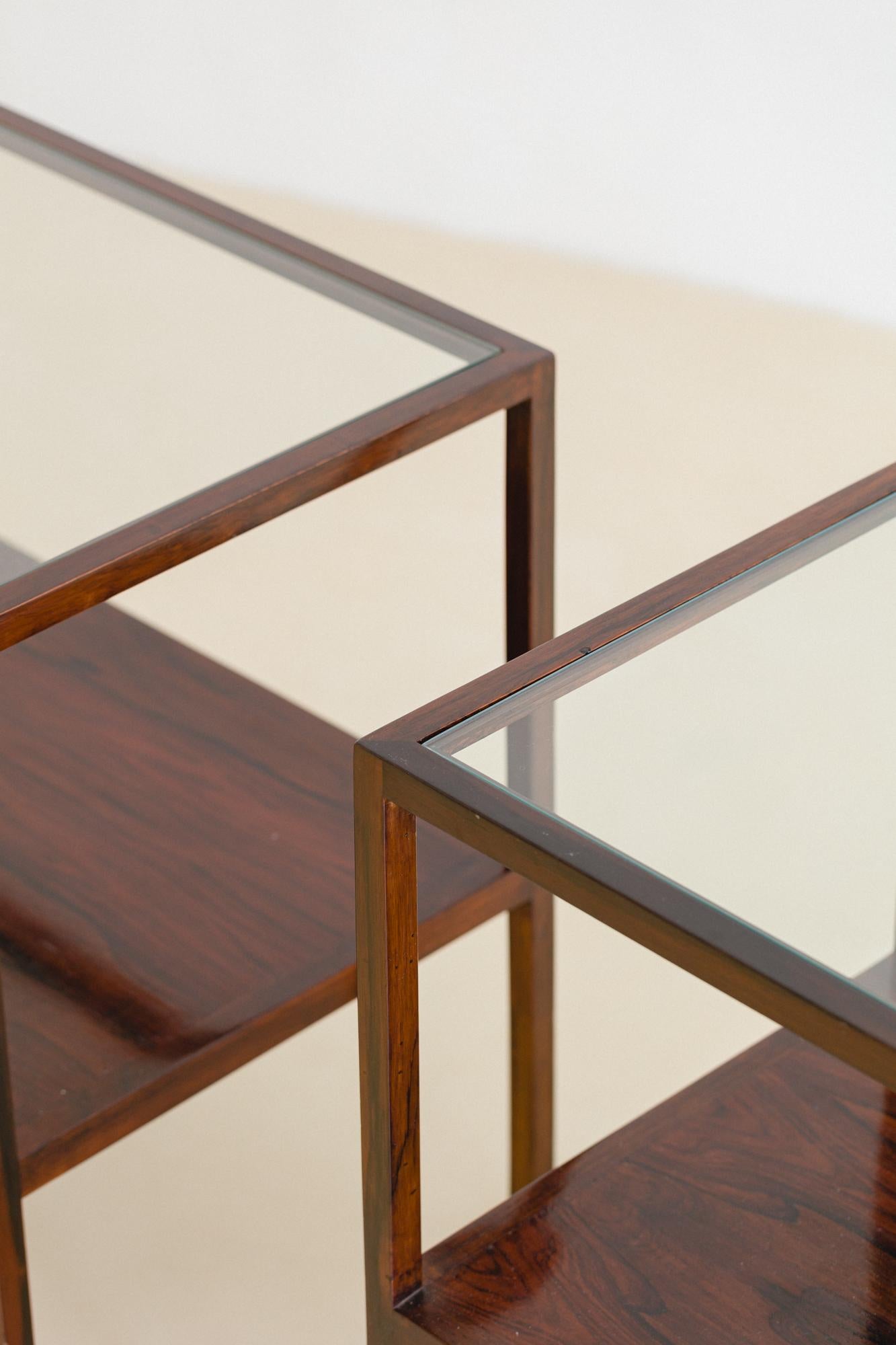 Mid-Century Modern Side Tables by Joaquim Tenreiro, Rosewood and Glass, Midcentury Brazil, c 1960 For Sale