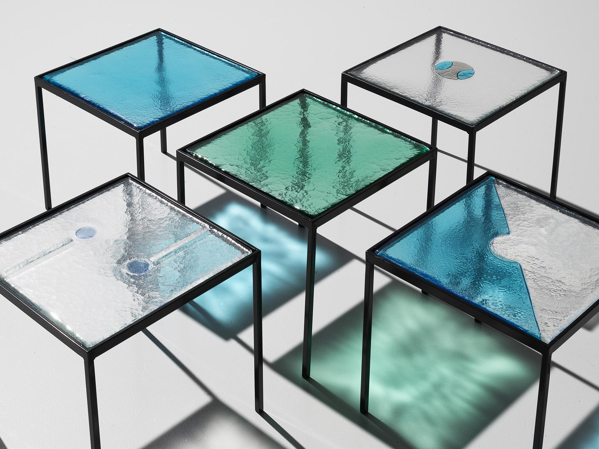 Late 20th Century Side Tables in Structured Glass and Steel