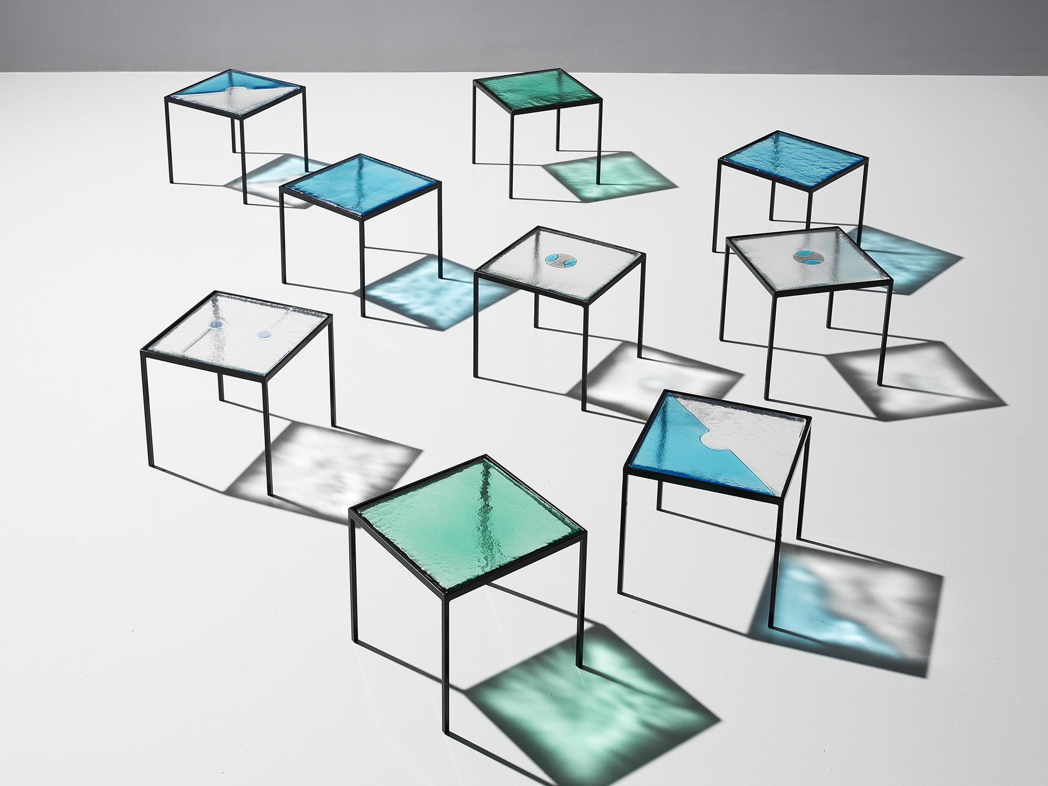 Side Tables in Structured Glass and Steel 1
