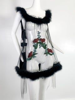 Side-Tie Tulle Teddy with 1920s Beaded Bird Applique and Black Swan's-Down Trim