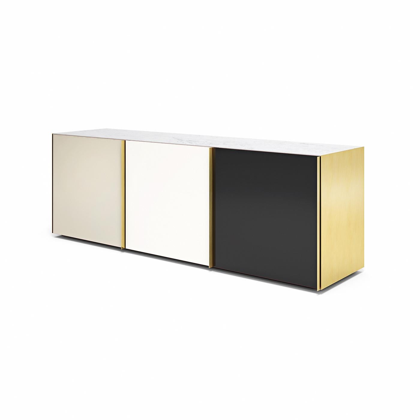 This modern sideboard boasts a solid, lacquered wooden structure, paired with glass shelves and doors. All the doors are back-painted in neutral tones to instantly lift the mood in any room by producing mesmerizing reflections together with the
