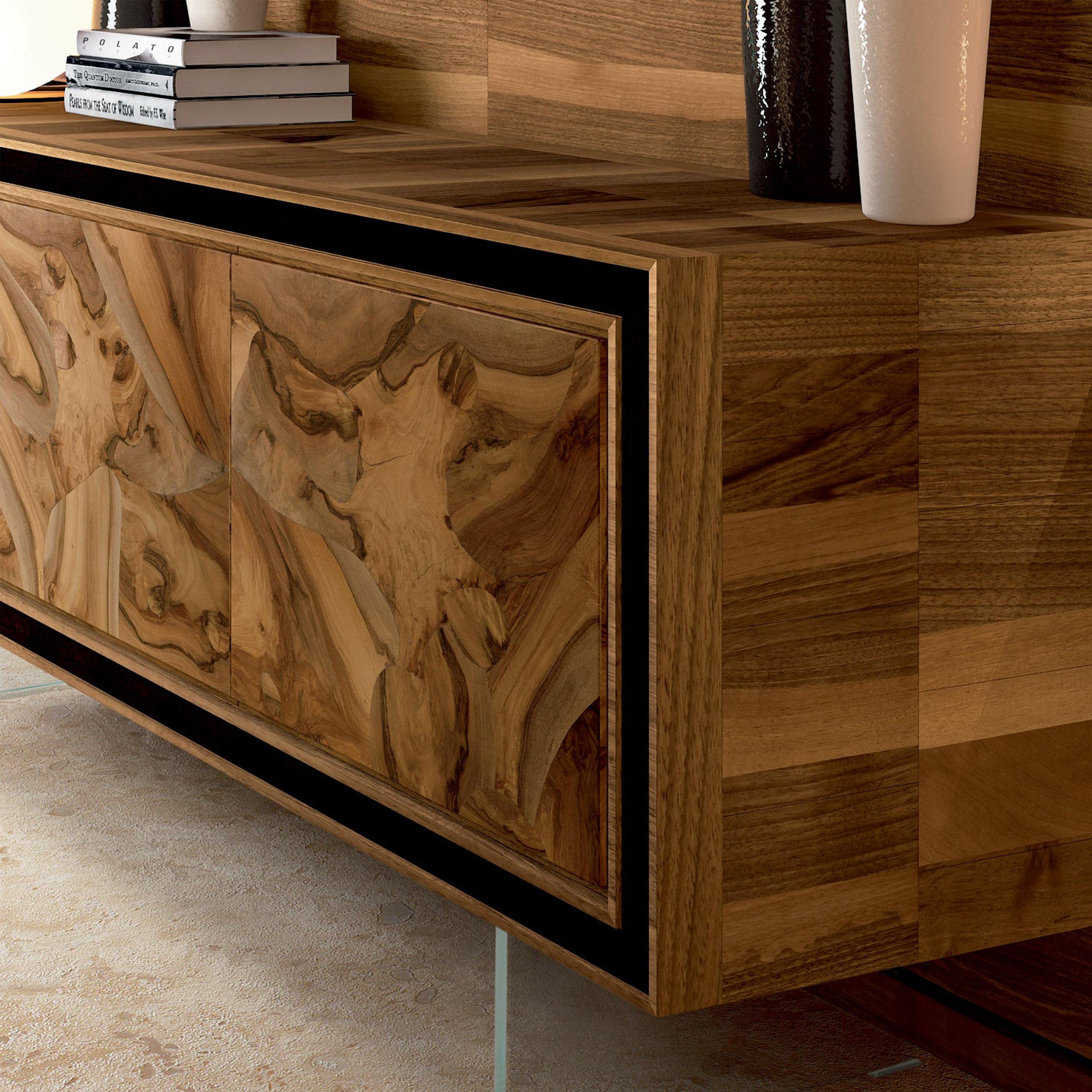 Italian Quadra Solid Wood Sideboard, Walnut, Briar in Natural Finish, Contemporary For Sale