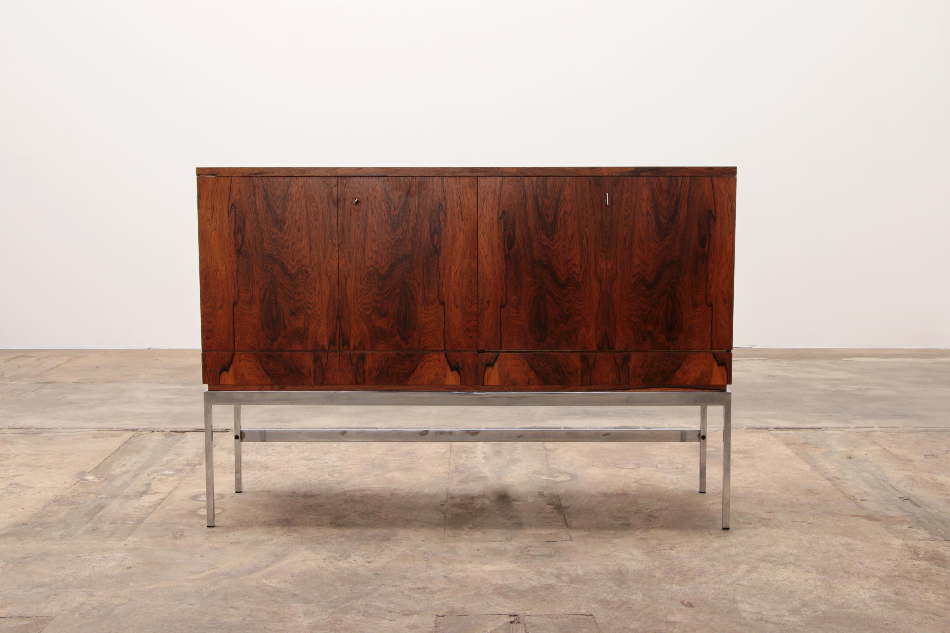 Mid-20th Century Sideboard and Bar Cabinet Veneer Rosewood with Refrigerator, 1960 Germany For Sale