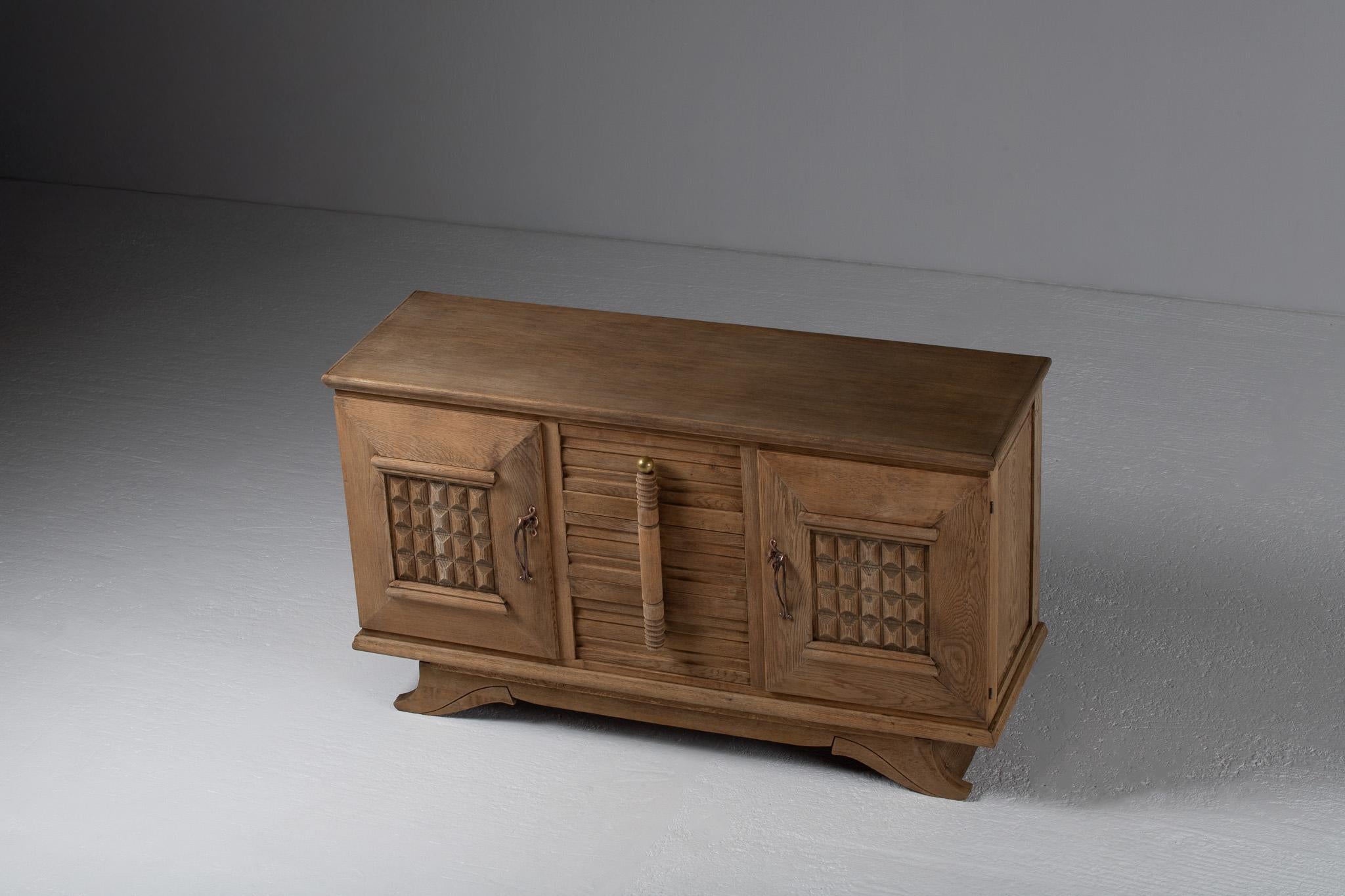 Brass Sideboard, Bleached Oak, France, 1940s For Sale