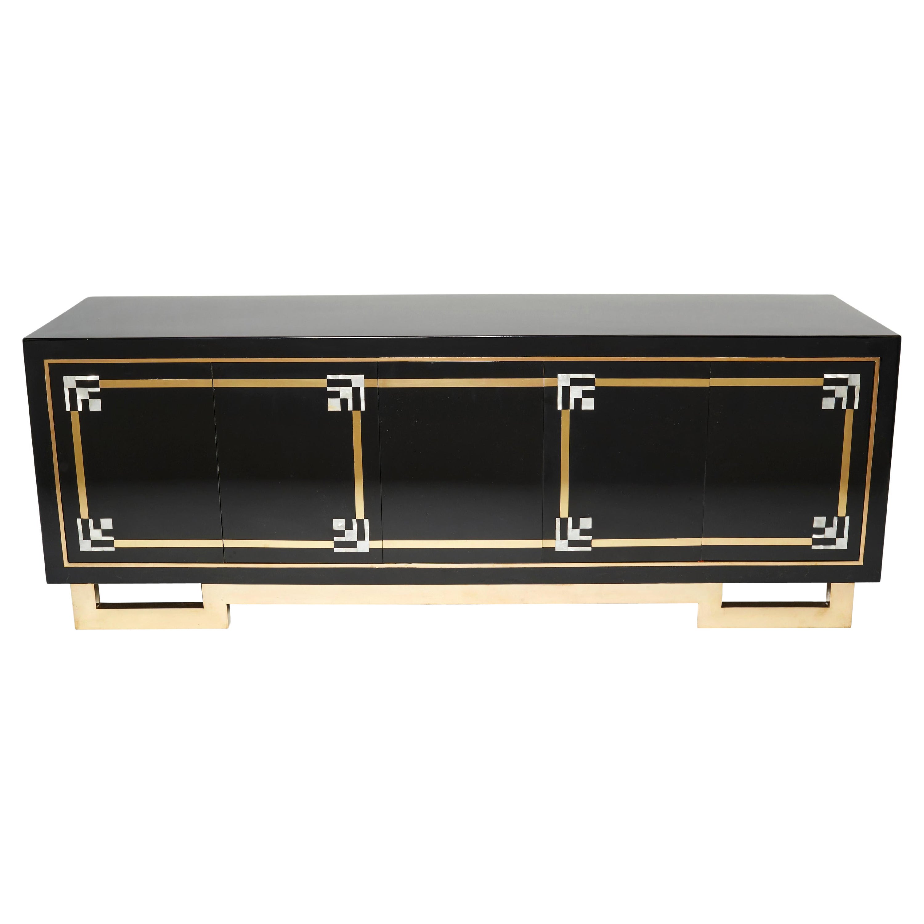 Sideboard Brass Black Lacquered Shell Inlays 1970s in the style of Maison Jansen