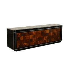 Sideboard Burl Veneer Chromed Metal Lacquered Wood Glass, Italy, 1970s