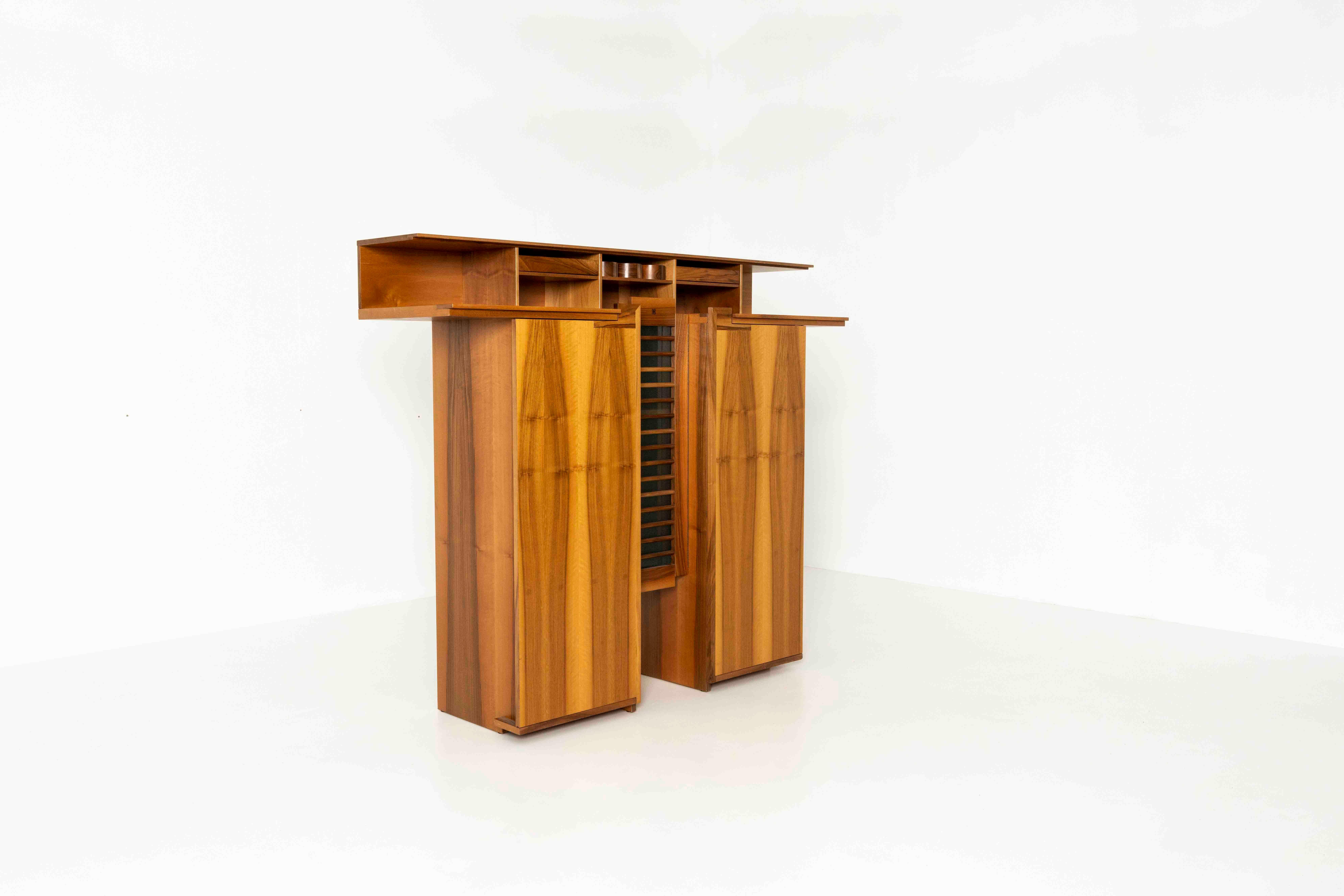 SidebSideboard by Franco Poli from the 'Scaligera' series for Bernini, Italy 1970s. This sideboard, in walnut wood and glass, is one of the favorites of our collection. It is clearly marked with the Bernini logo in the middle of the sideboard. It