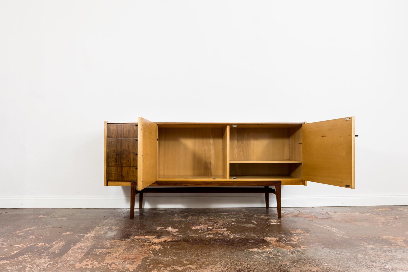 Sideboard designed by František Mezuláník for Up Závody, Czechoslovakia, 1960s
This item has been restored and refinished enhancing unique contrasting colors of walnut and ash veneer.