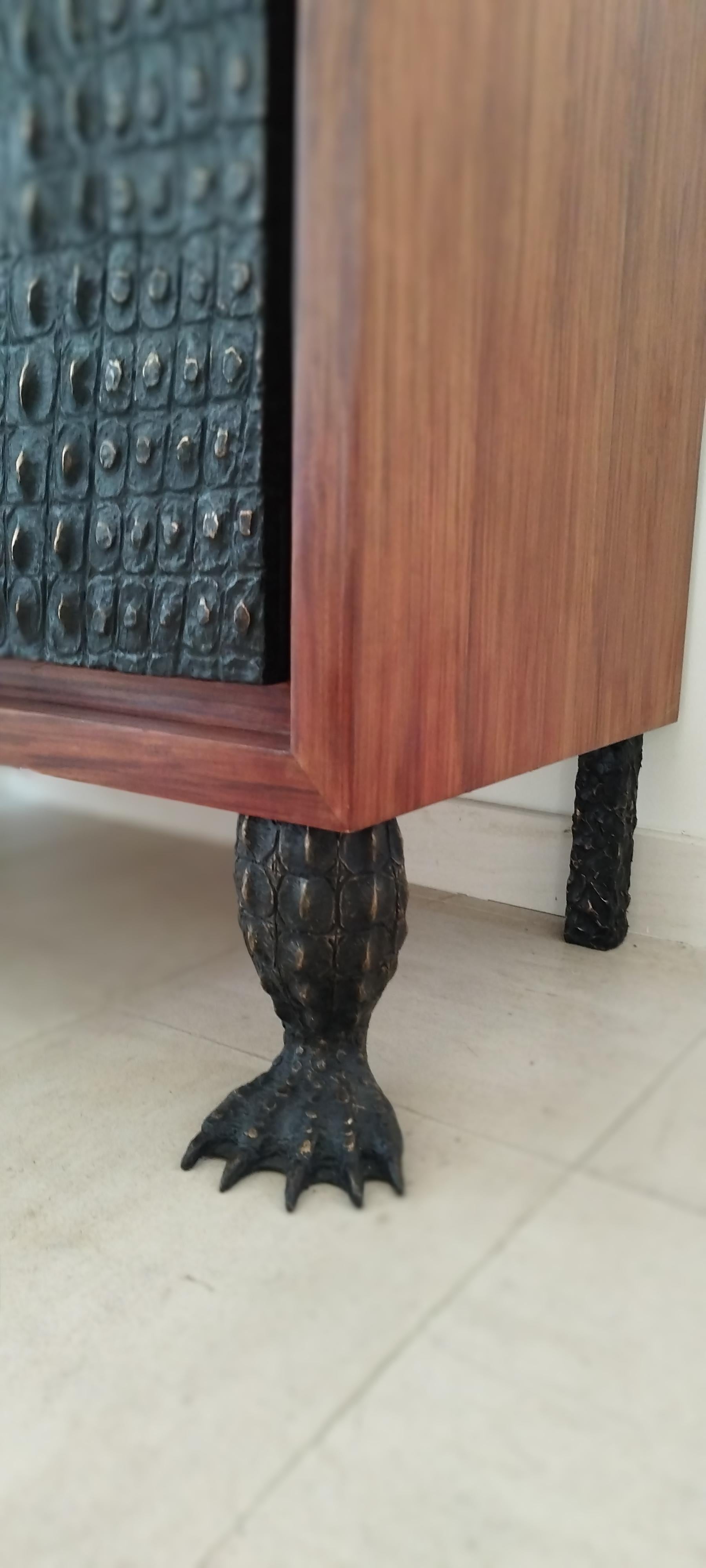 Contemporary Sideboard cabinet bronze wood crystal rock crocodile by Patrick LAROCHE designer For Sale