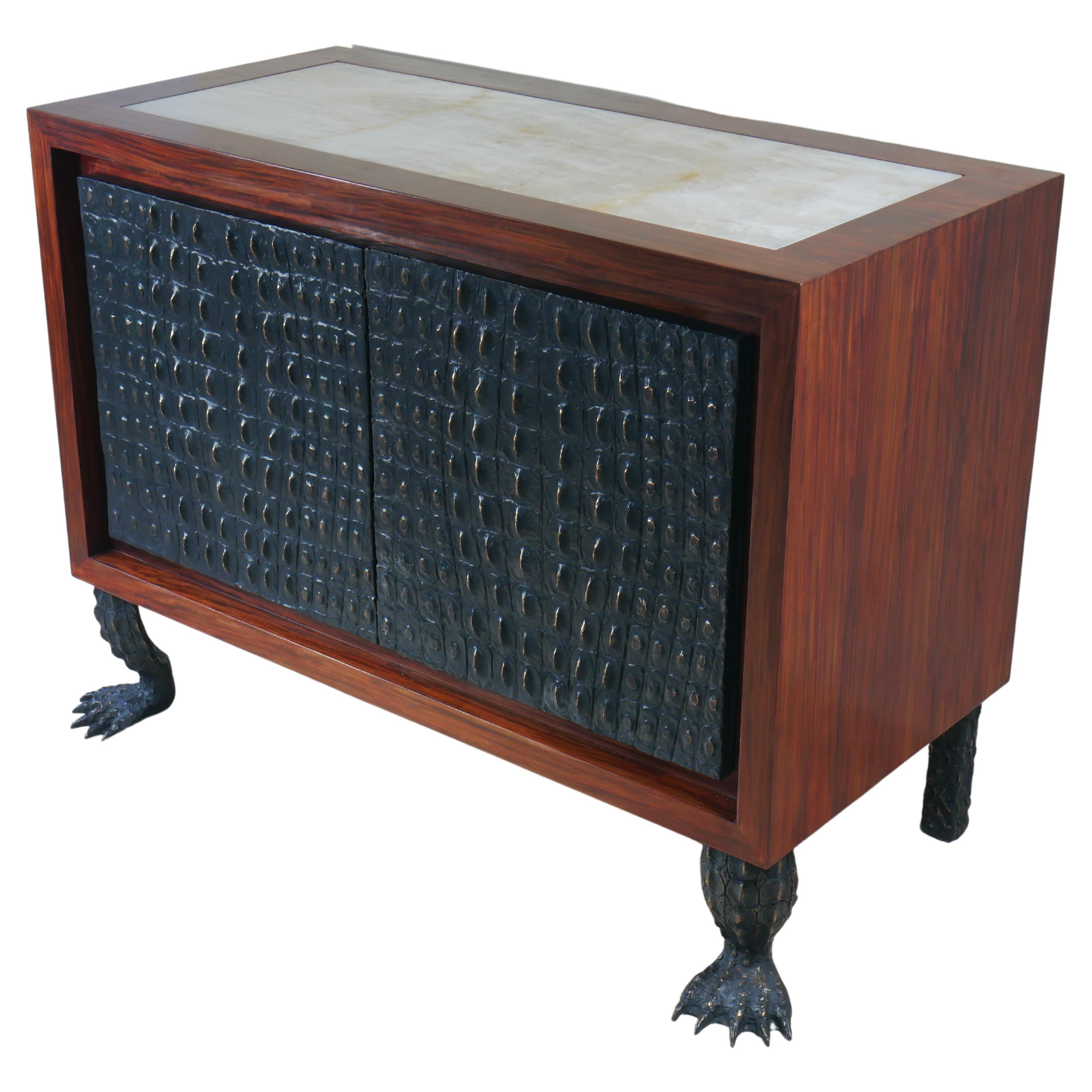 Sideboard cabinet bronze wood crystal rock crocodile by Patrick LAROCHE designer For Sale