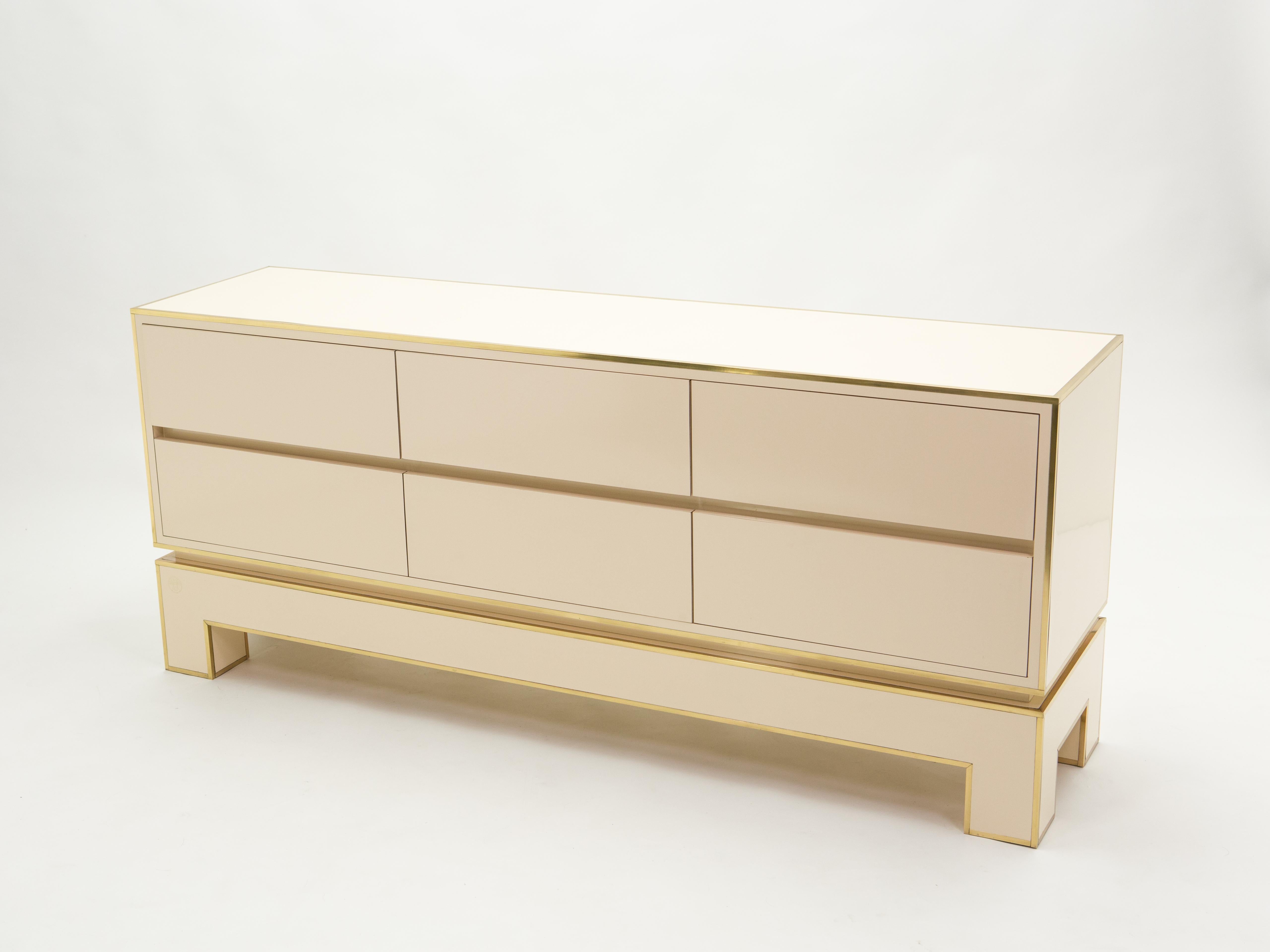 Mid-Century Modern Sideboard Commode Brass White Lacquer by Alain Delon for Maison Jansen, 1975