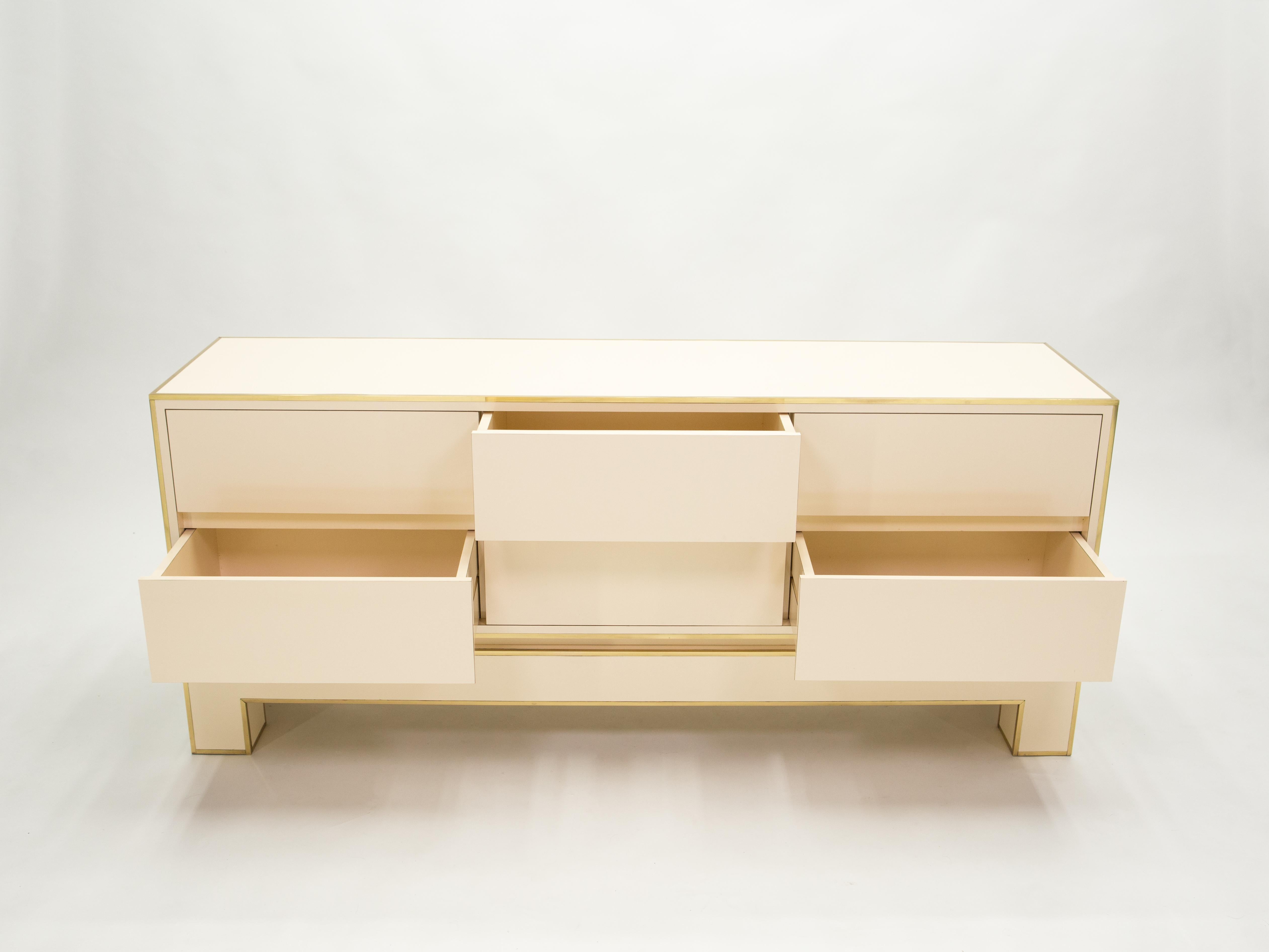 French Sideboard Commode Brass White Lacquer by Alain Delon for Maison Jansen, 1975