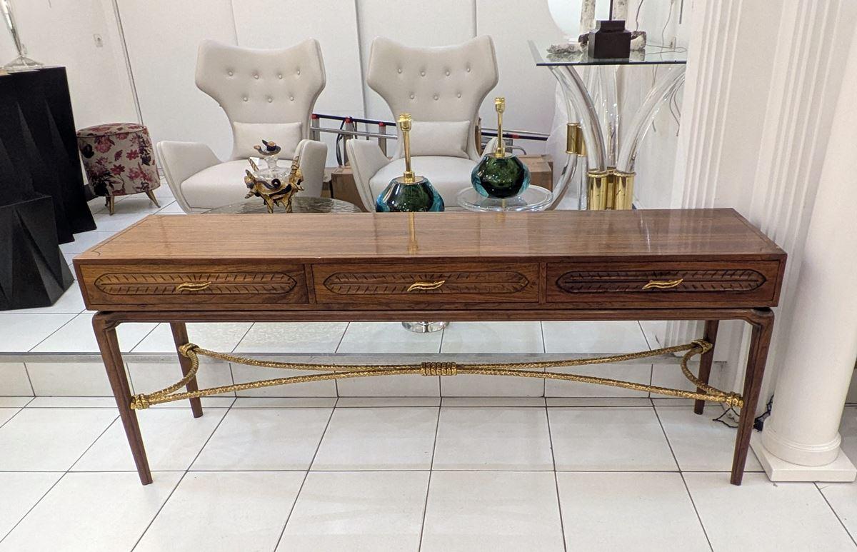 Credenza/console con 3 cassetti, 1940 circa, legno e bronzo in vendita 4